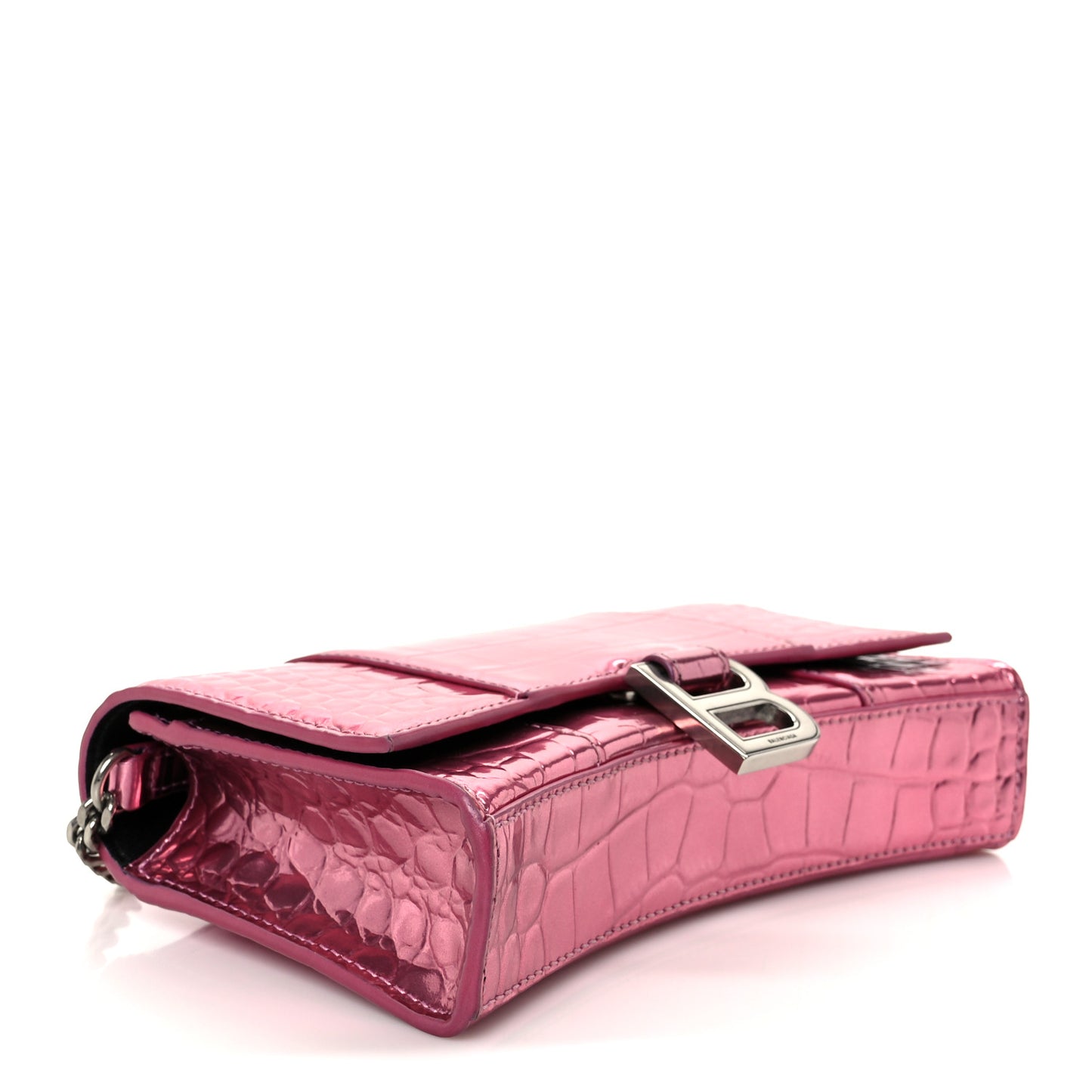 Metallic Shiny Calfskin Crocodile Embossed Hourglass Chain Bag Pink
