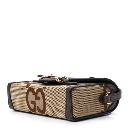 Gucci Monogram Jumbo GG Textured Dollar Calfskin Mini Horsebit 1955 Shoulder Bag Camel Ebony New Acero 9 of 11