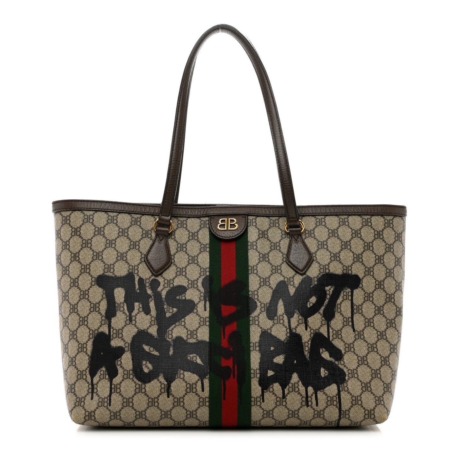 X BALENCIAGA BB Supreme Monogram Web Graffiti Medium Ophidia Shopping Tote Beige New Acero