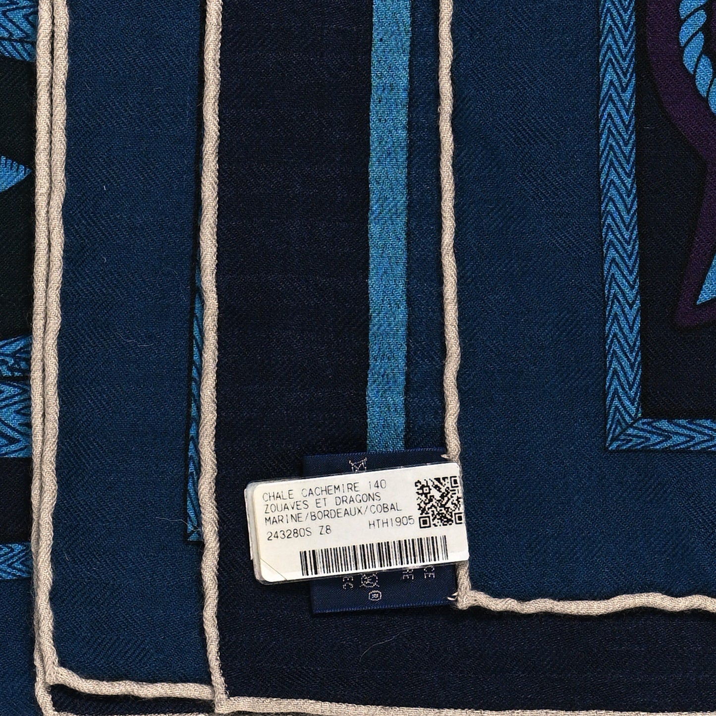 Cashmere Silk Zouaves Et Dragons Shawl 140 Marine Bordeaux Cobalt