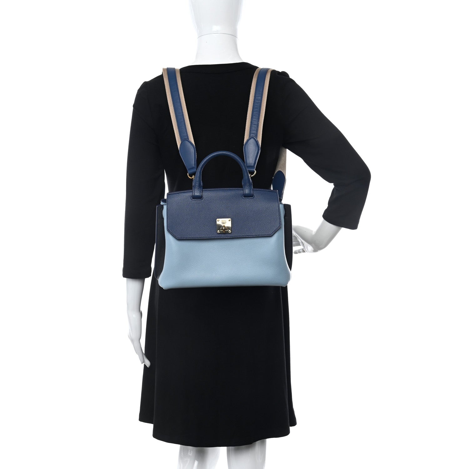 MCM Grained Calfskin Large Milla Convertible Backpack Navy Multicolor 2 of 15