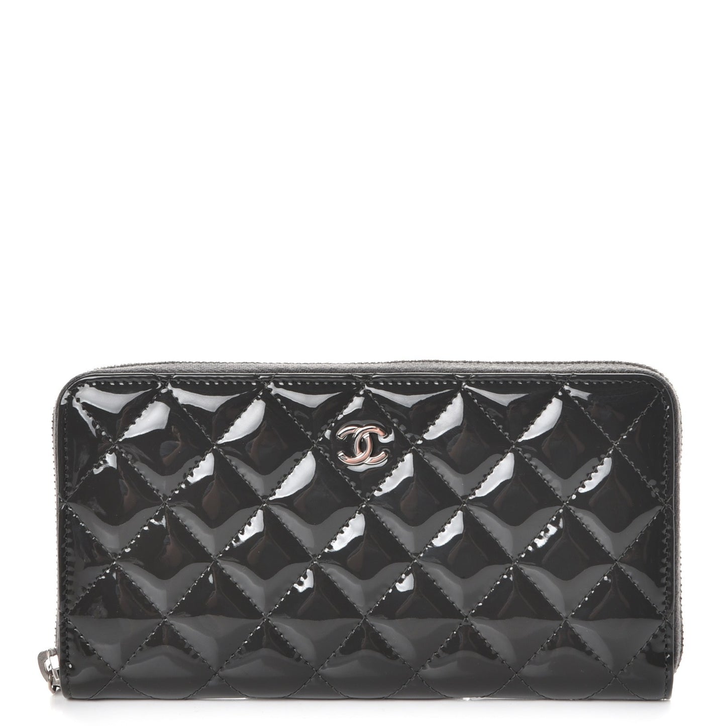 Patent Calfskin Quilted Large Gusset Zip Around Wallet Grey