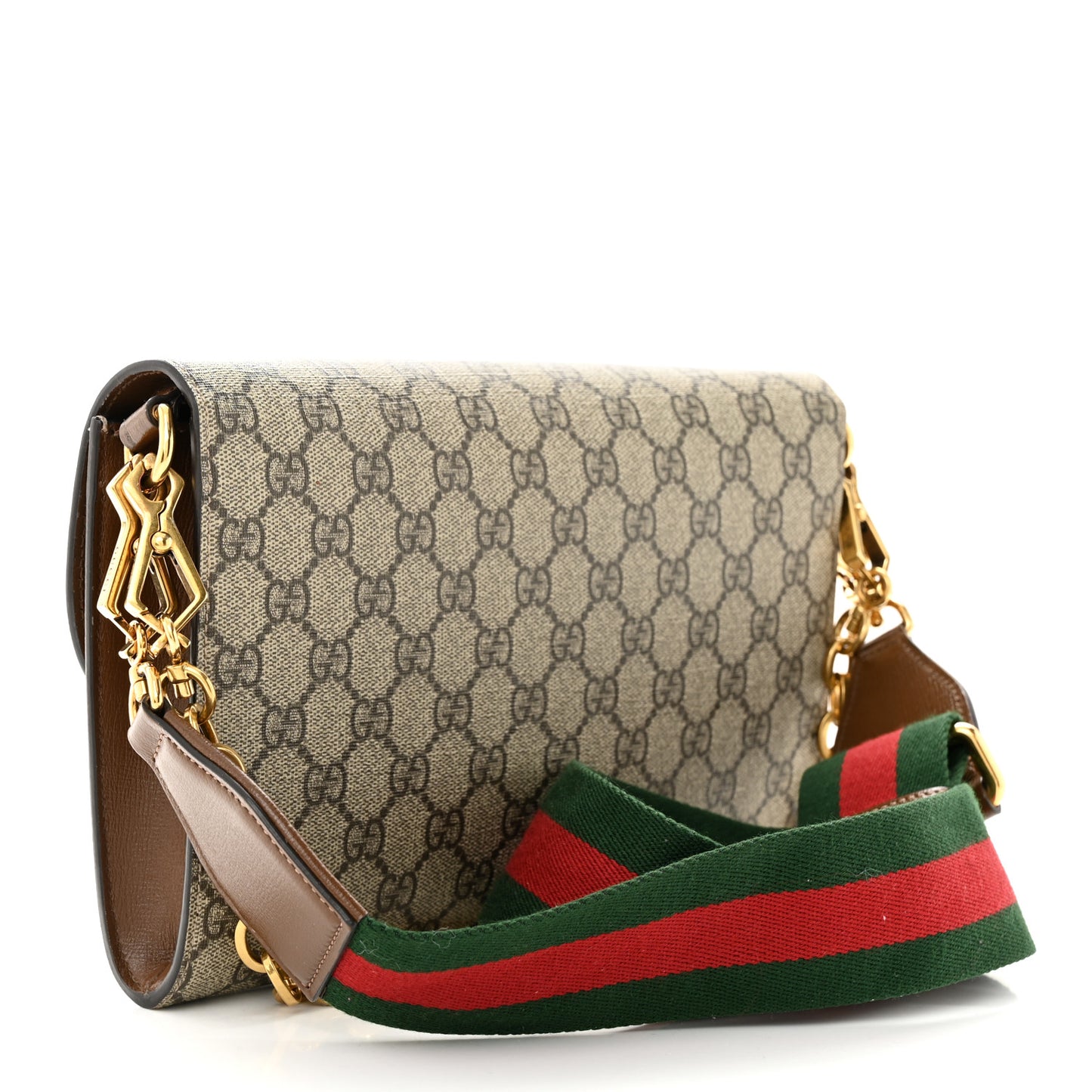 GG Supreme Monogram Azalea Calfskin Web Small Horsebit 1955 Crossbody Bag Beige Ebony Brown Sugar