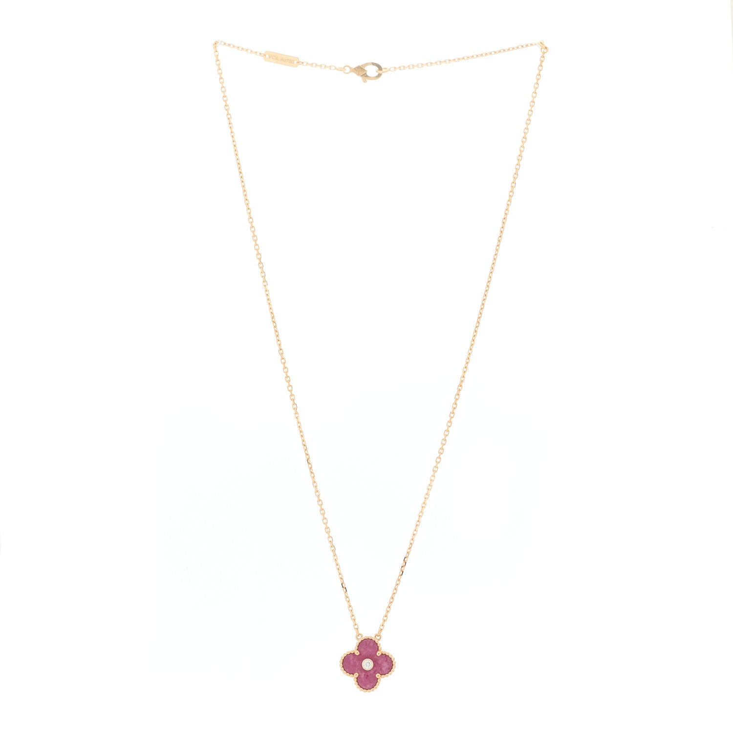 Van Cleef & Arpels 18K Rose Gold Diamond Rhodonite Vintage Alhambra Pendant Necklace 3 of 6