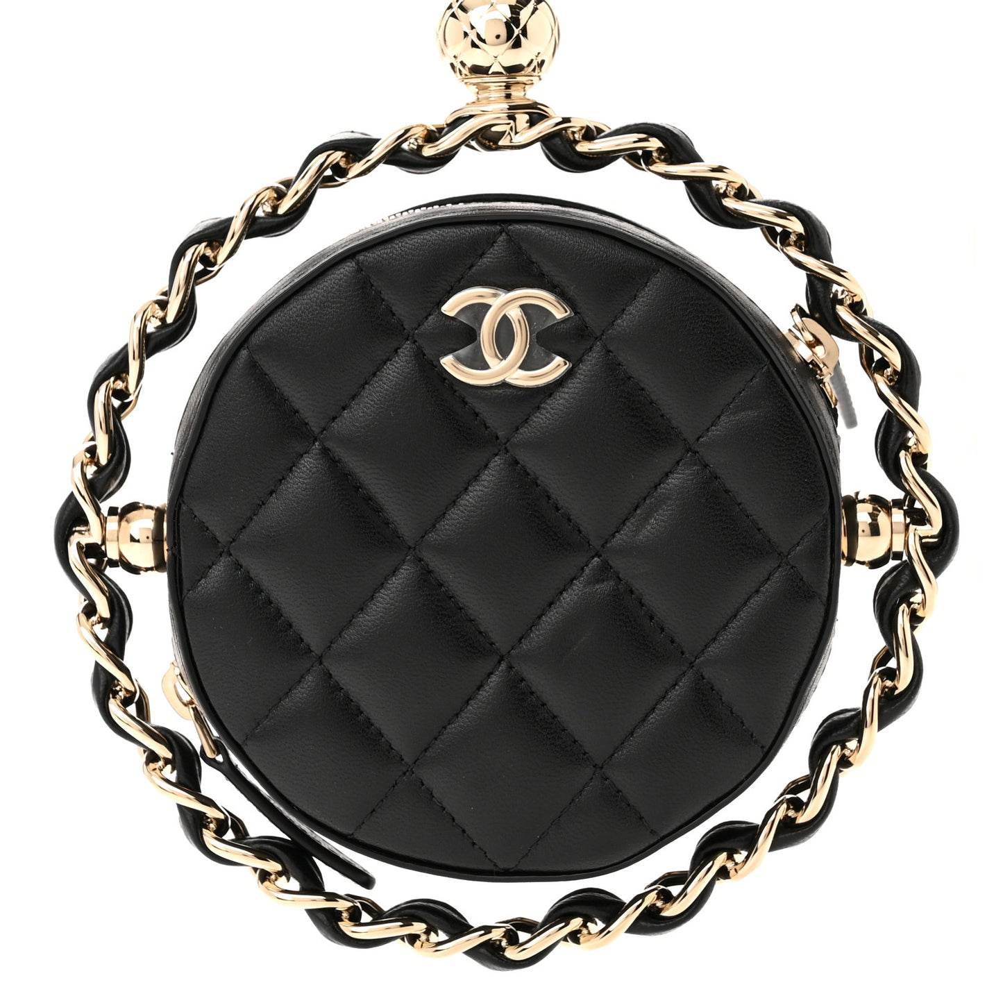 Lambskin Quilted Chain Round Mini Clutch Black