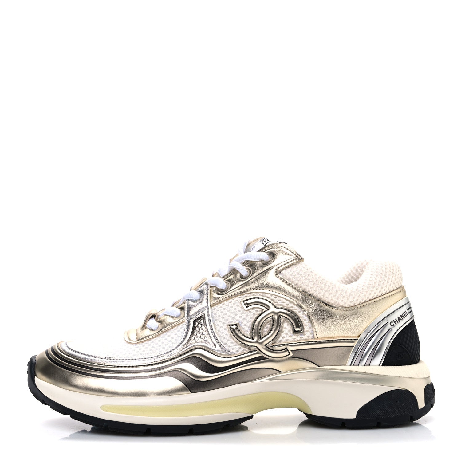 Chanel Fabric Laminated Calfskin Stretch CC Womens Sneakers 39.5 White Silver 1 of 11