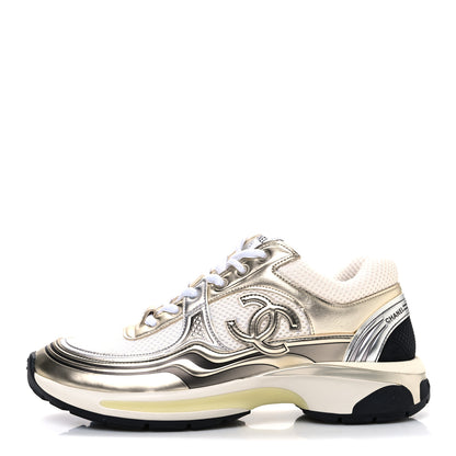 Chanel Fabric Laminated Calfskin Stretch CC Womens Sneakers 39.5 White Silver 1 of 11