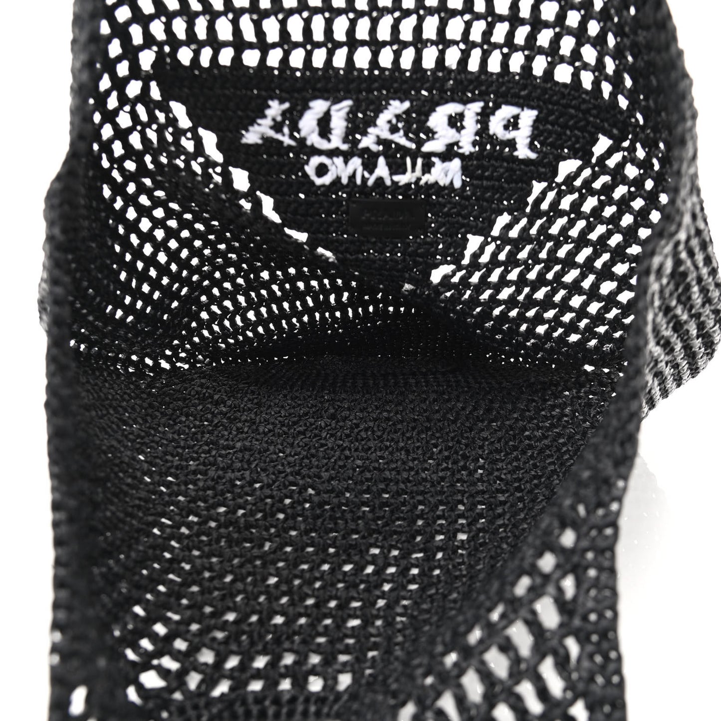 Yarn Raffia Effect Crochet Logo Embroidered Shopping Tote Bag Black