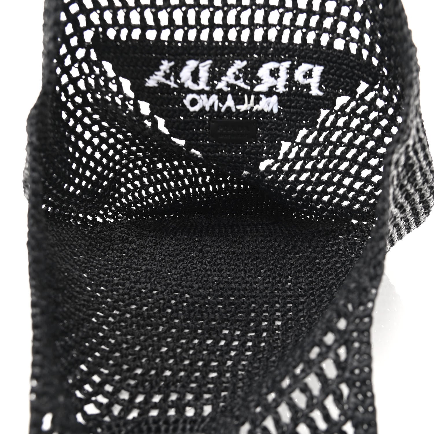 Prada Yarn Raffia Effect Crochet Logo Embroidered Shopping Tote Bag Black 7 of 9
