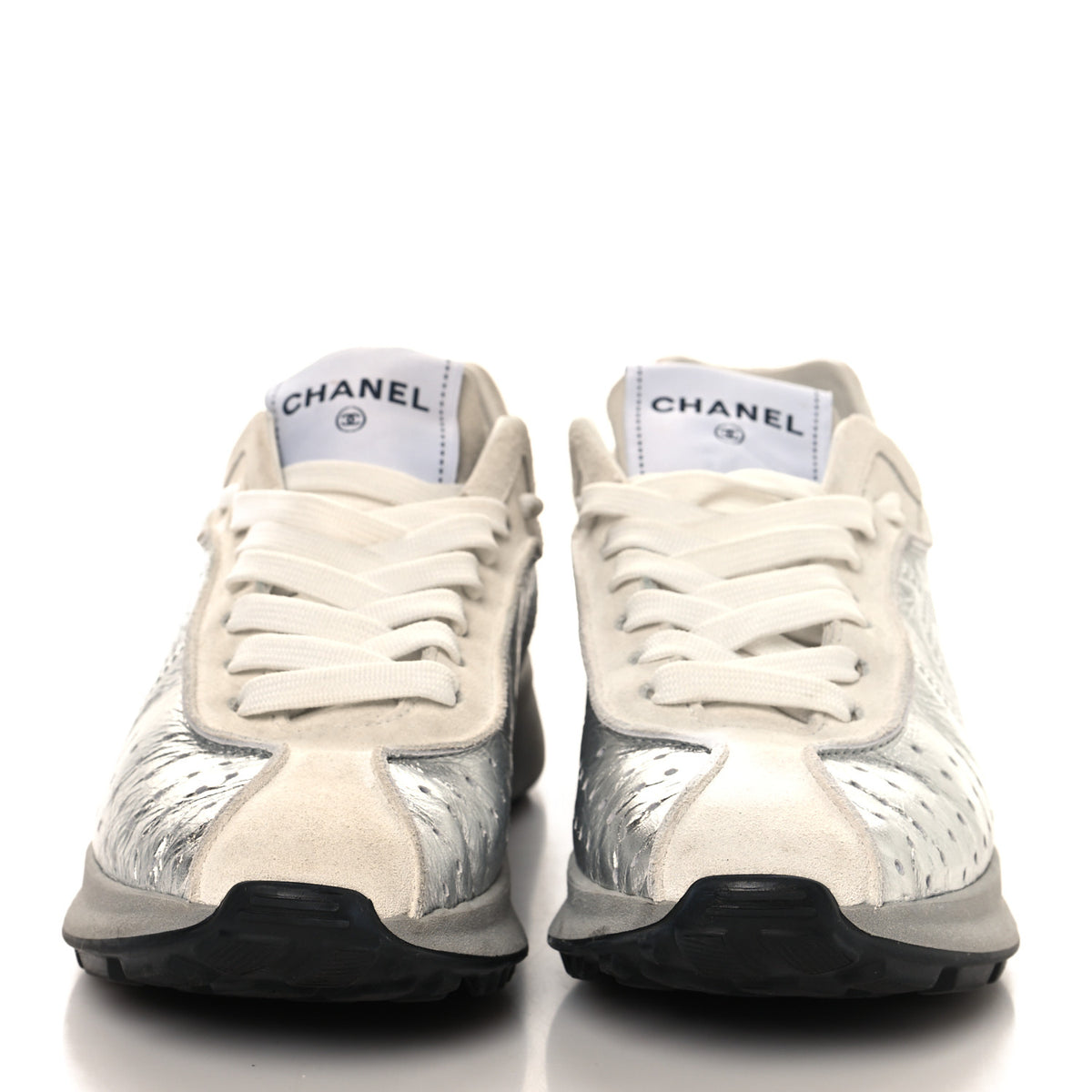 Chanel Laminated Calfskin Suede CC Sneakers 39.5 Silver Light Grey 3 of 9