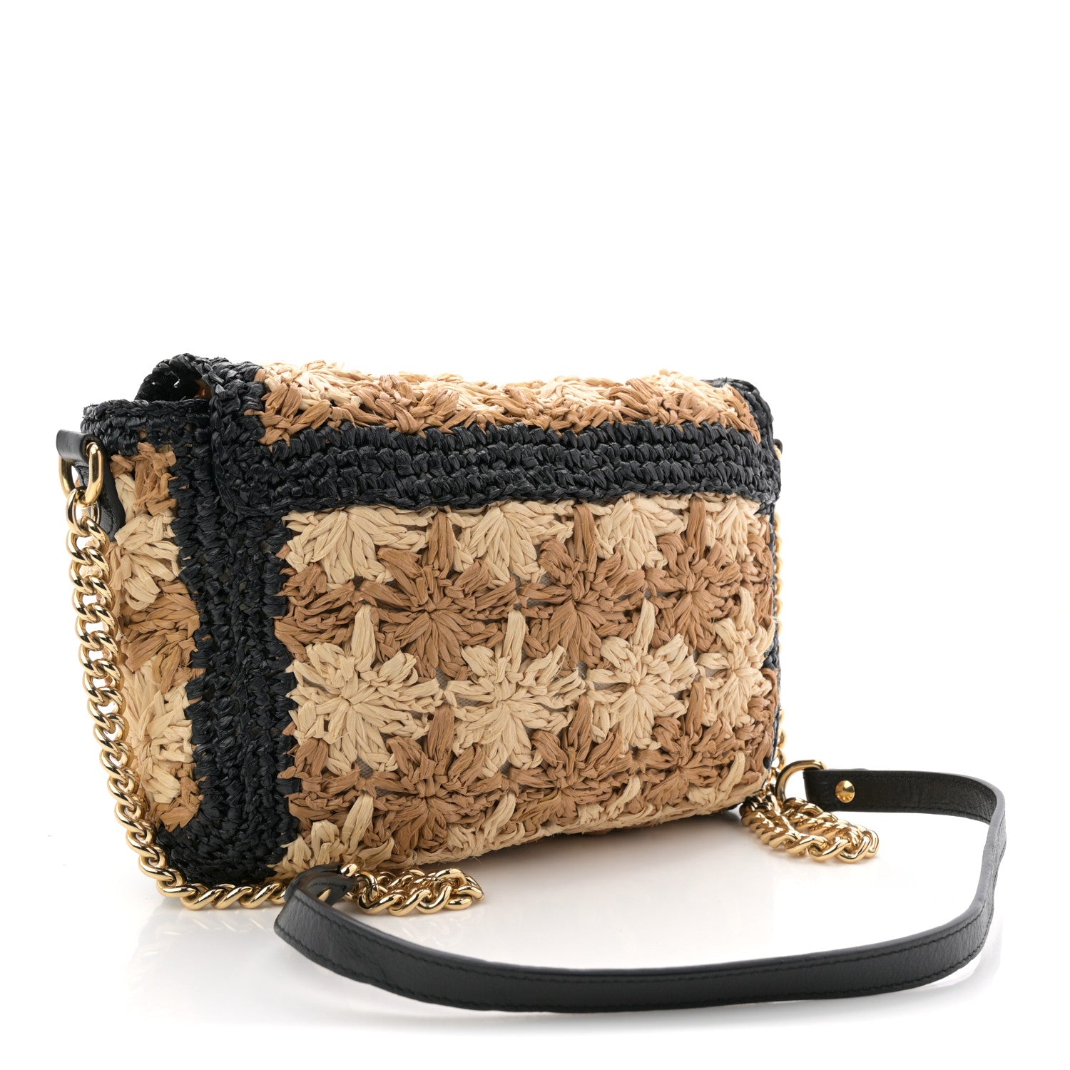 Gucci Raffia Crochet GG Marmont Shoulder Bag Black Natural Ecru Black 3 of 12