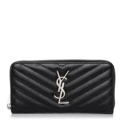 Saint Laurent Grain De Poudre Matelasse Chevron Monogram Zip Around Wallet Black 1 of 6