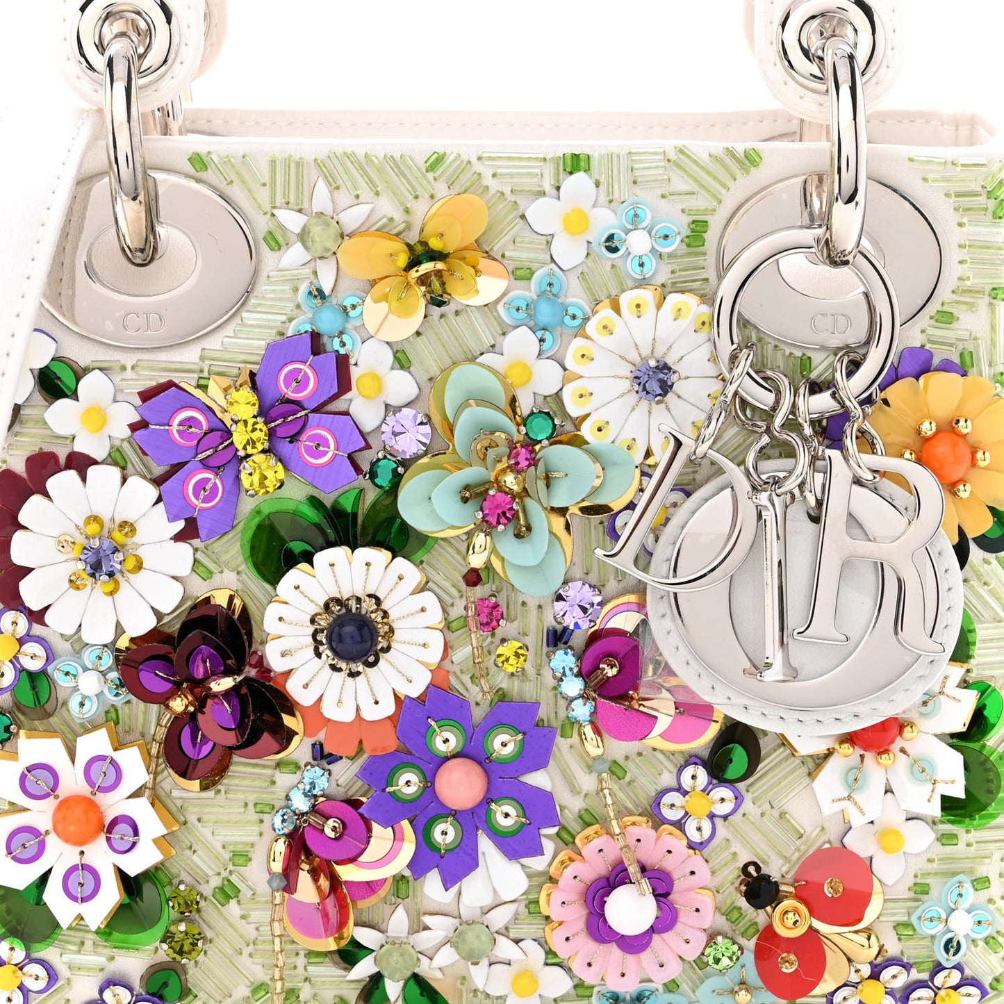 Satin Beaded Floral Embroidered Mini Lady Dior White Multicolor