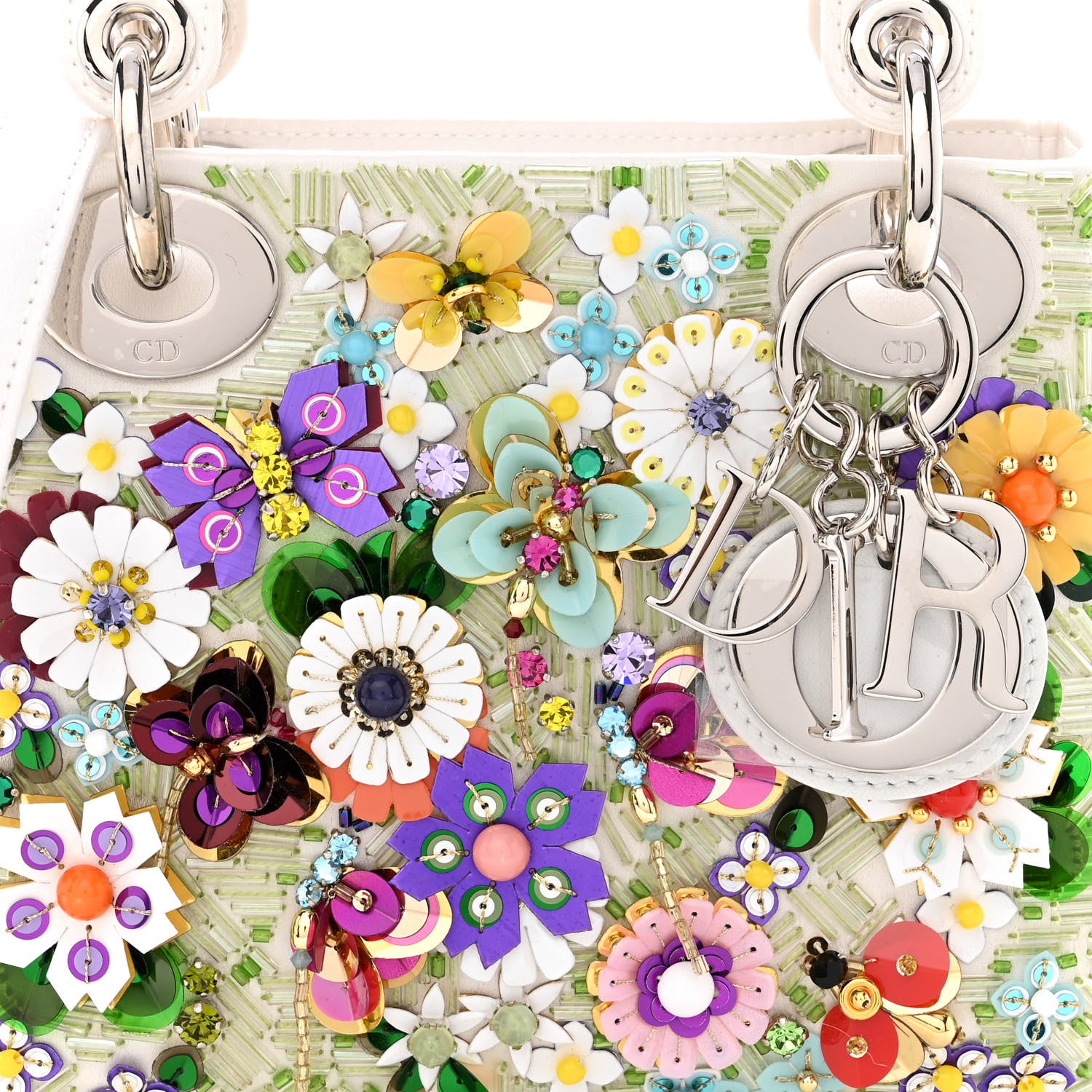 Christian Dior Satin Beaded Floral Embroidered Mini Lady Dior White Multicolor 7 of 10
