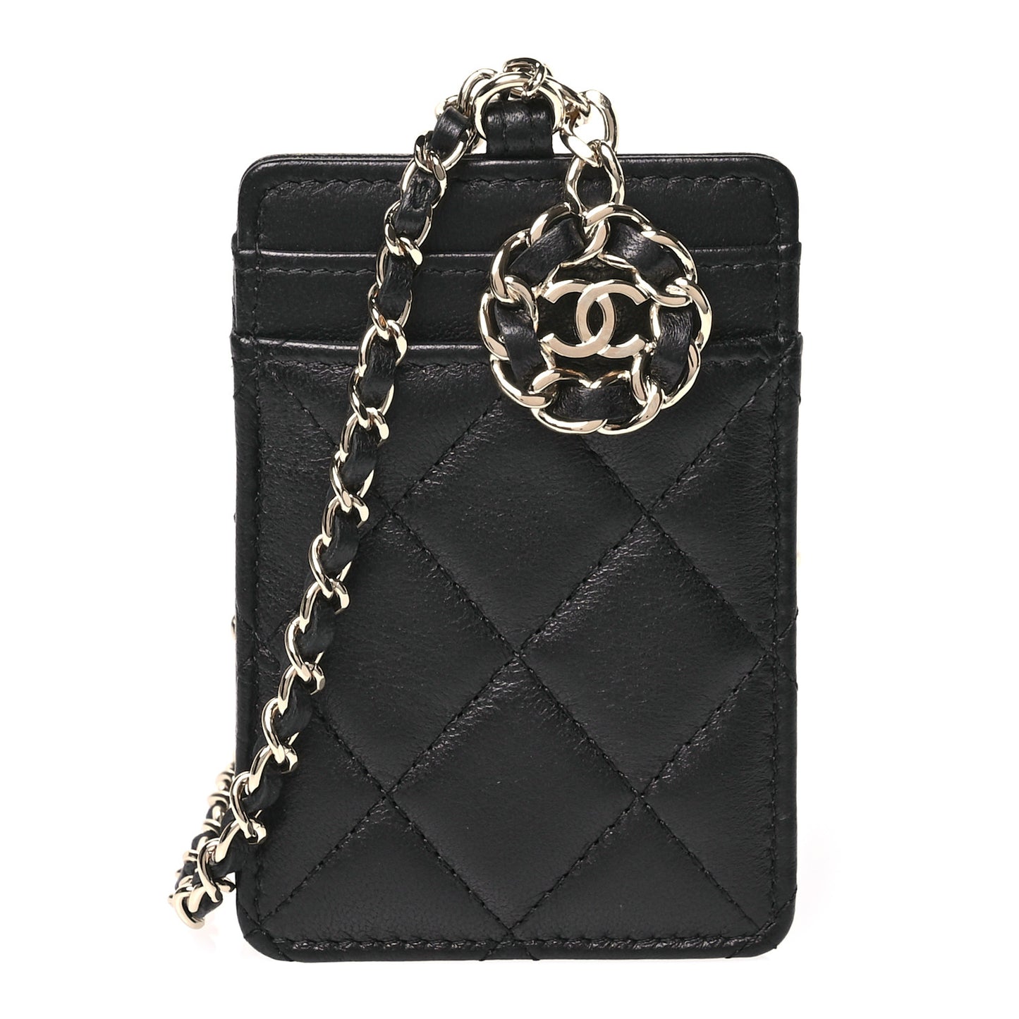 Lambskin Quilted Card Holder On Chain Black