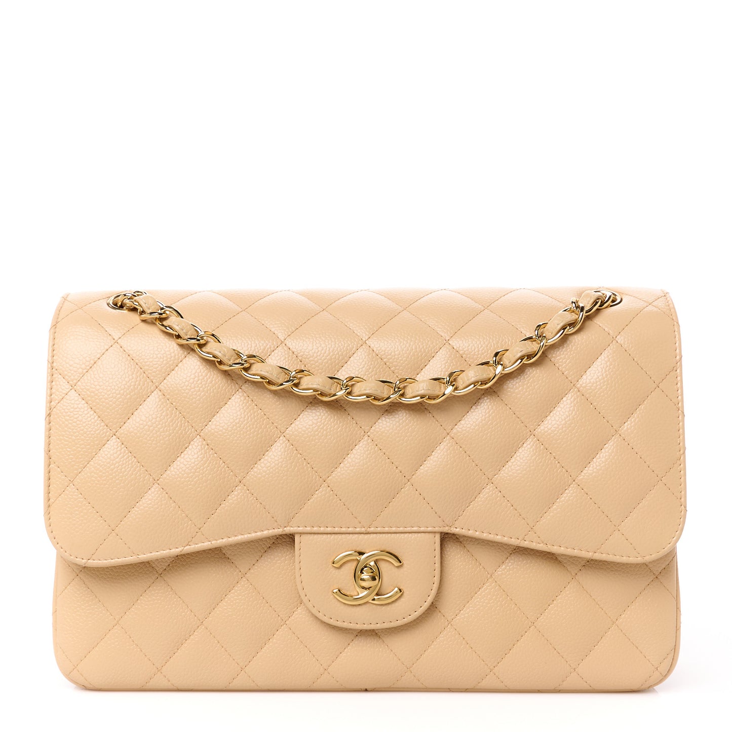 Caviar Quilted Jumbo Double Flap Beige