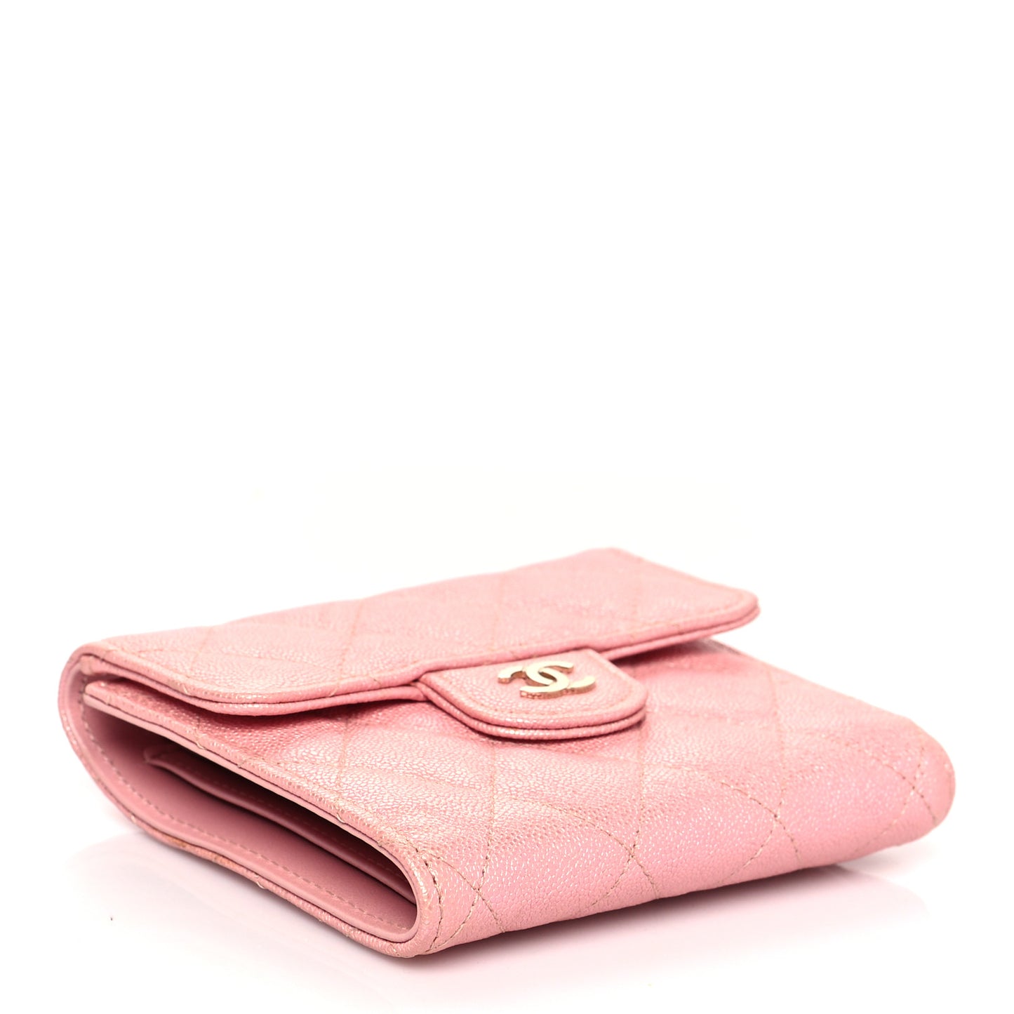 Iridescent Caviar Quilted Compact Flap Wallet Pink