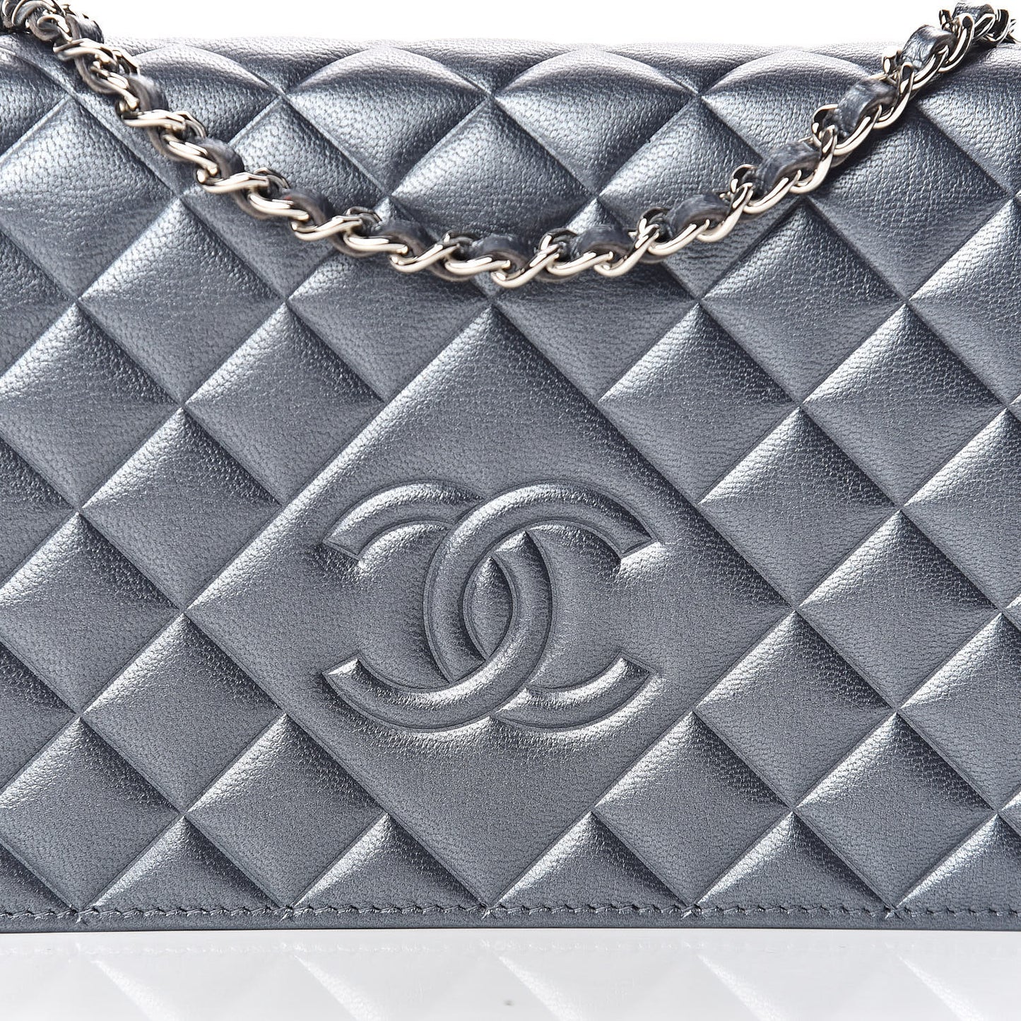Metallic Goatskin Quilted Diamond CC Wallet On Chain WOC Grey