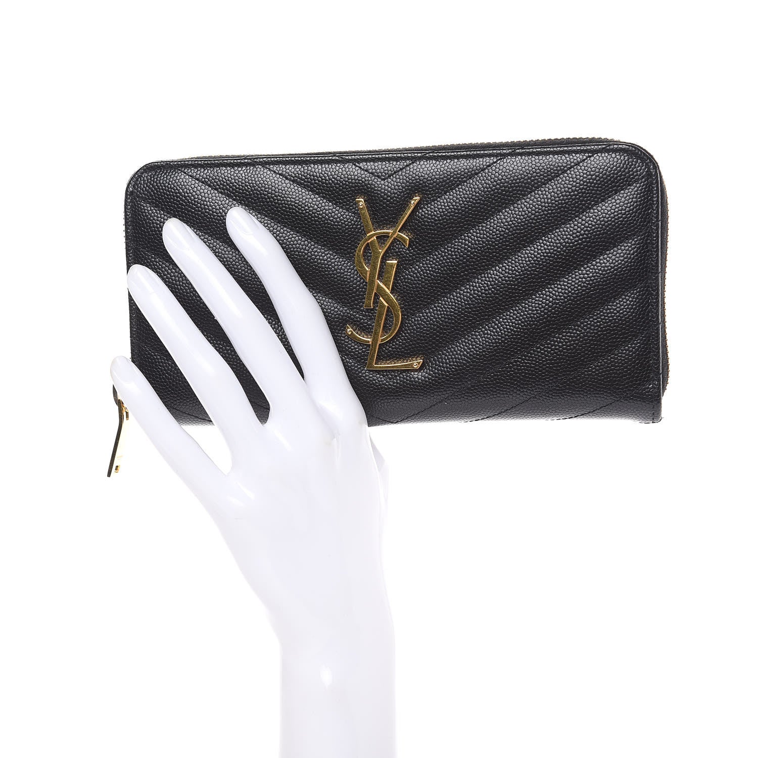 Saint Laurent Grain De Poudre Matelasse Chevron Monogram Zip Around Wallet Black 2 of 9