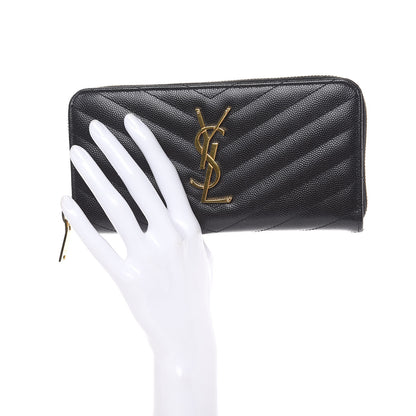 Saint Laurent Grain De Poudre Matelasse Chevron Monogram Zip Around Wallet Black 2 of 9