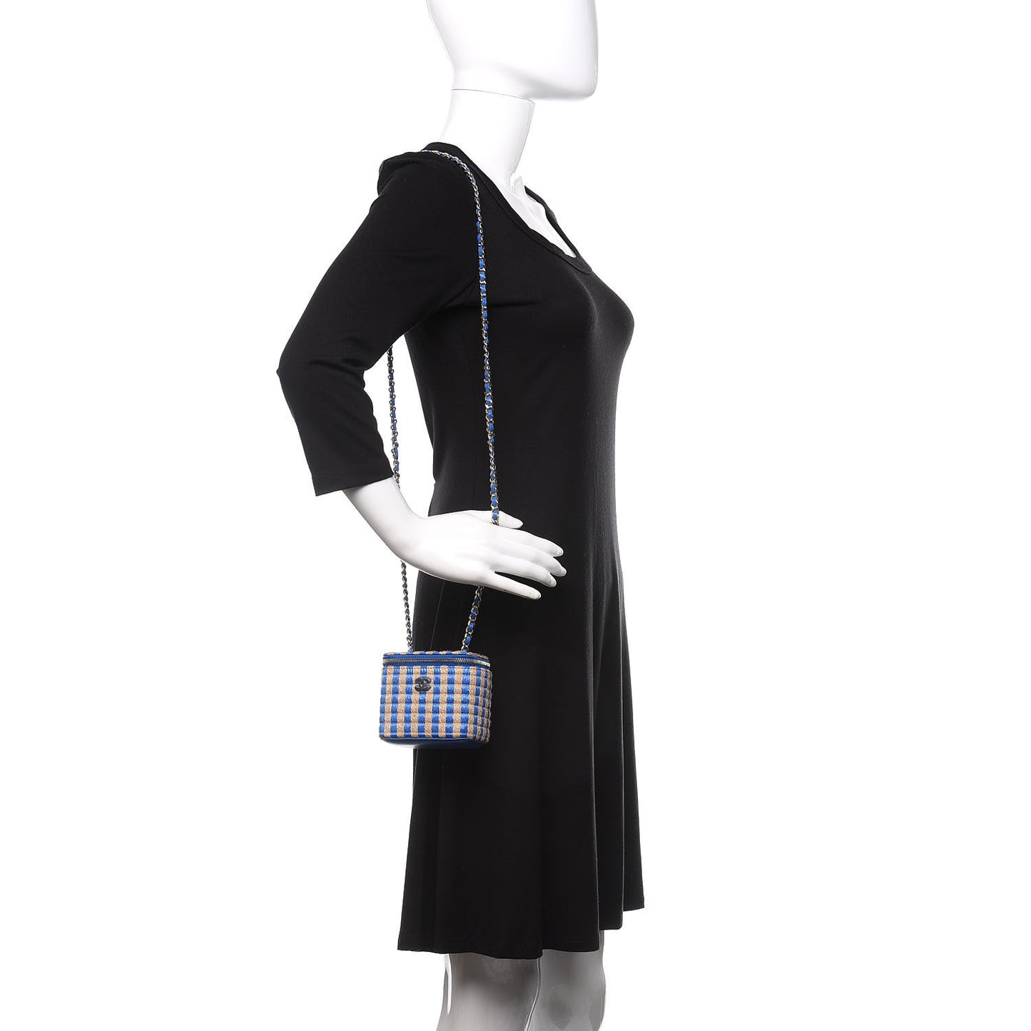 Raffia Jute Striped Mini Vanity Case With Chain Blue Beige