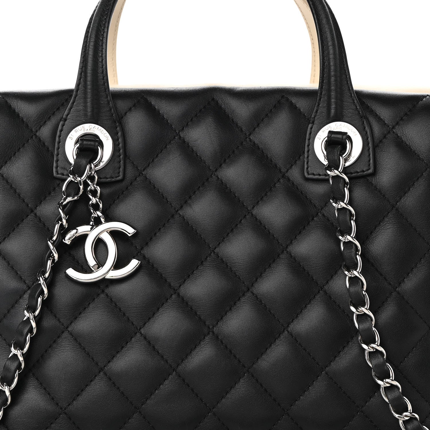 Chanel Calfskin Quilted Large Feather Weight Bowling Bag Black Ivory 7 of 12
