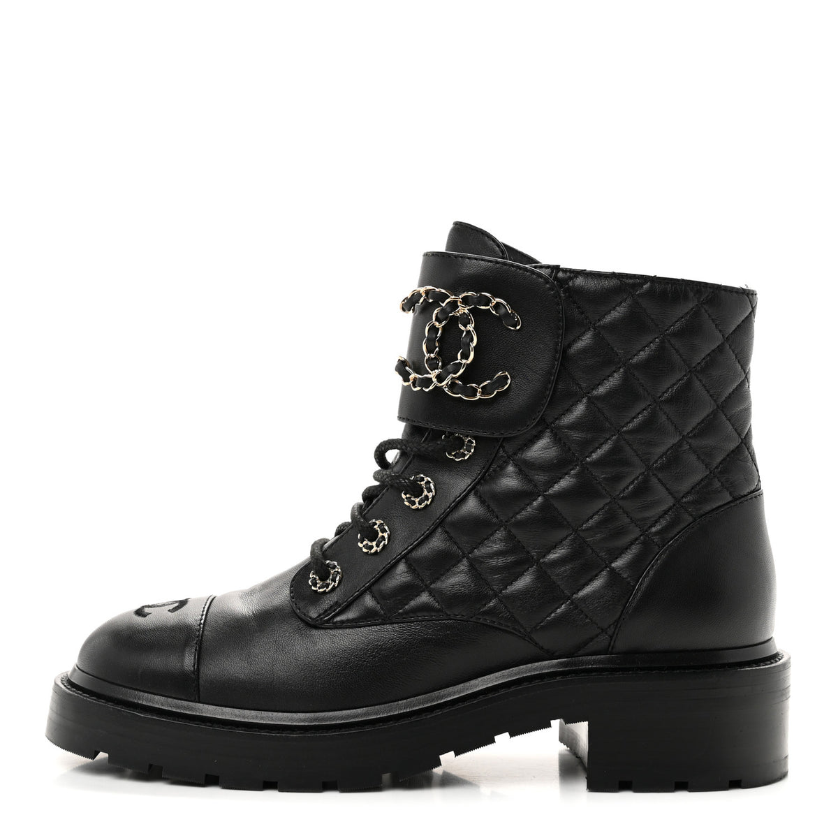 Chanel Shiny Lambskin Quilted Lace Up Combat Boots 39 Black 1 of 9