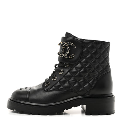 Chanel Shiny Lambskin Quilted Lace Up Combat Boots 39 Black 1 of 9