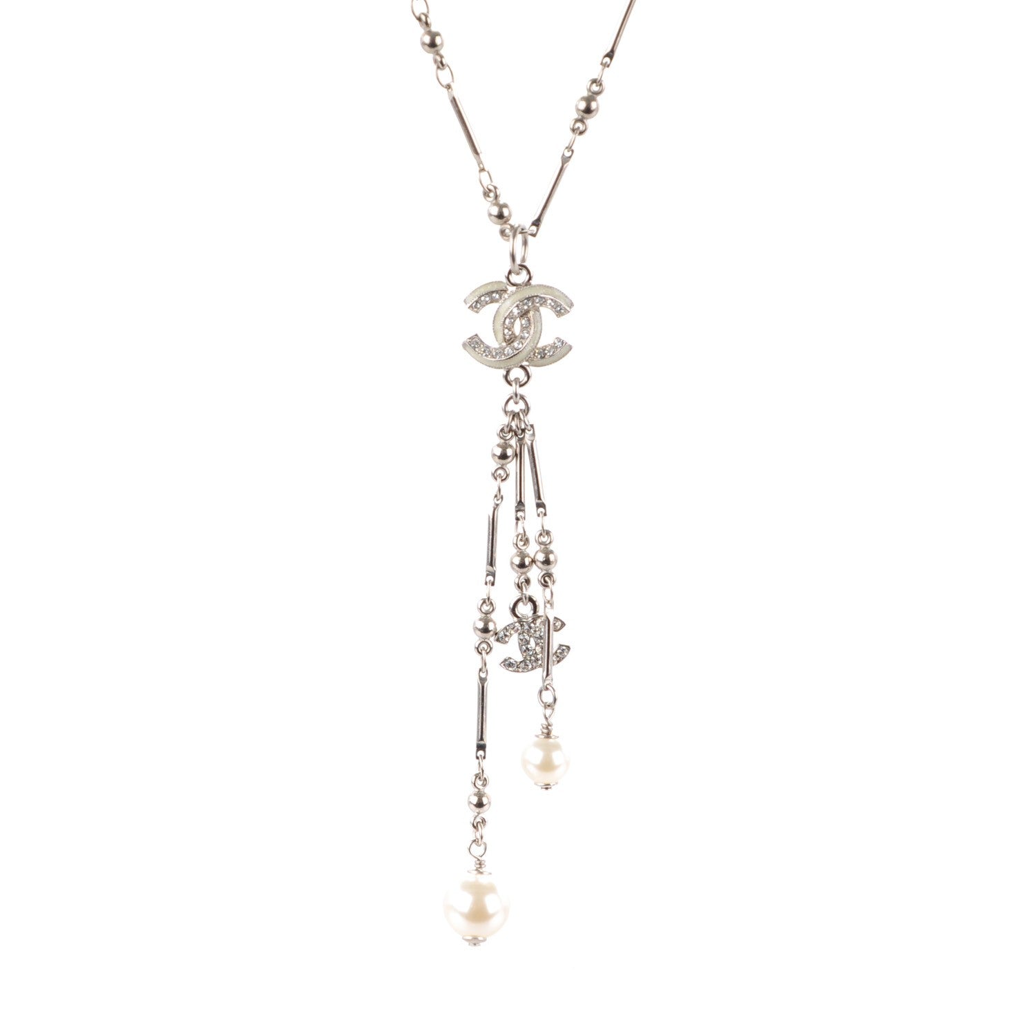 Chanel Crystal CC Pearl Lariat Necklace Silver 4 of 4