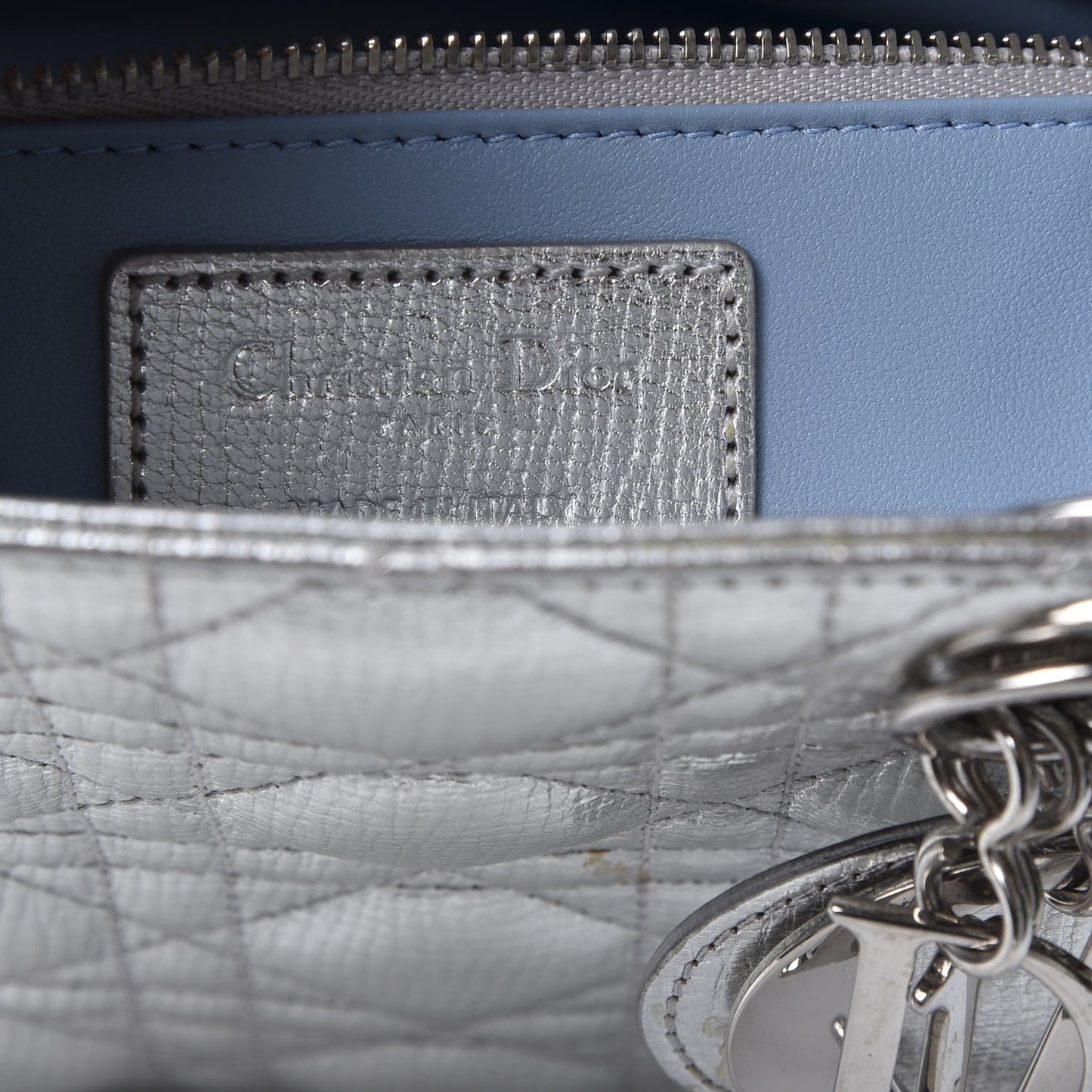 Metallic Grained Calfskin Cannage Small Lucky Badges My Lady Dior Silver