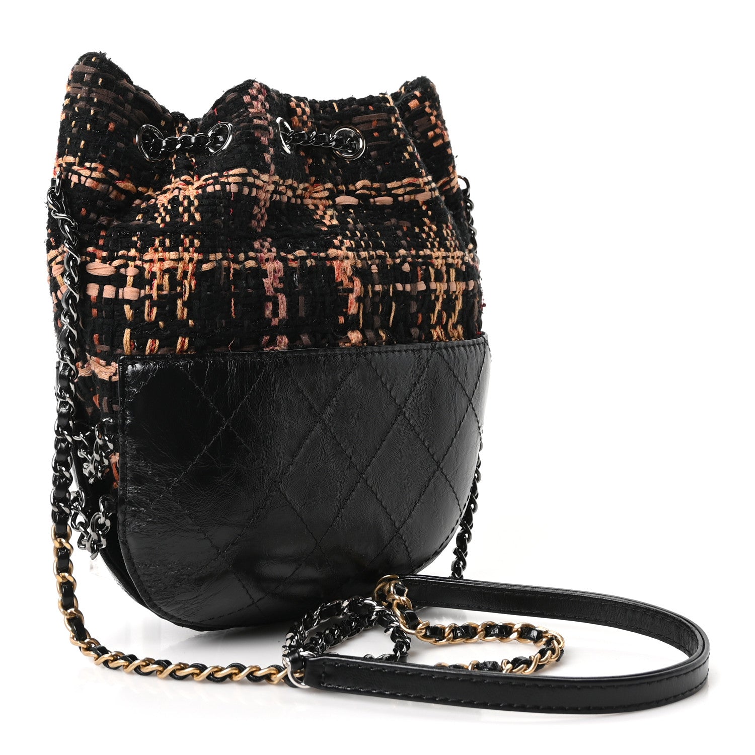 Chanel Tweed Calfskin Quilted Small Gabrielle Bucket Black Brown Orange 3 of 10