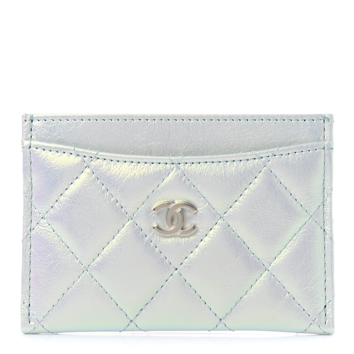 Iridescent Calfskin Quilted Card Holder Light Blue