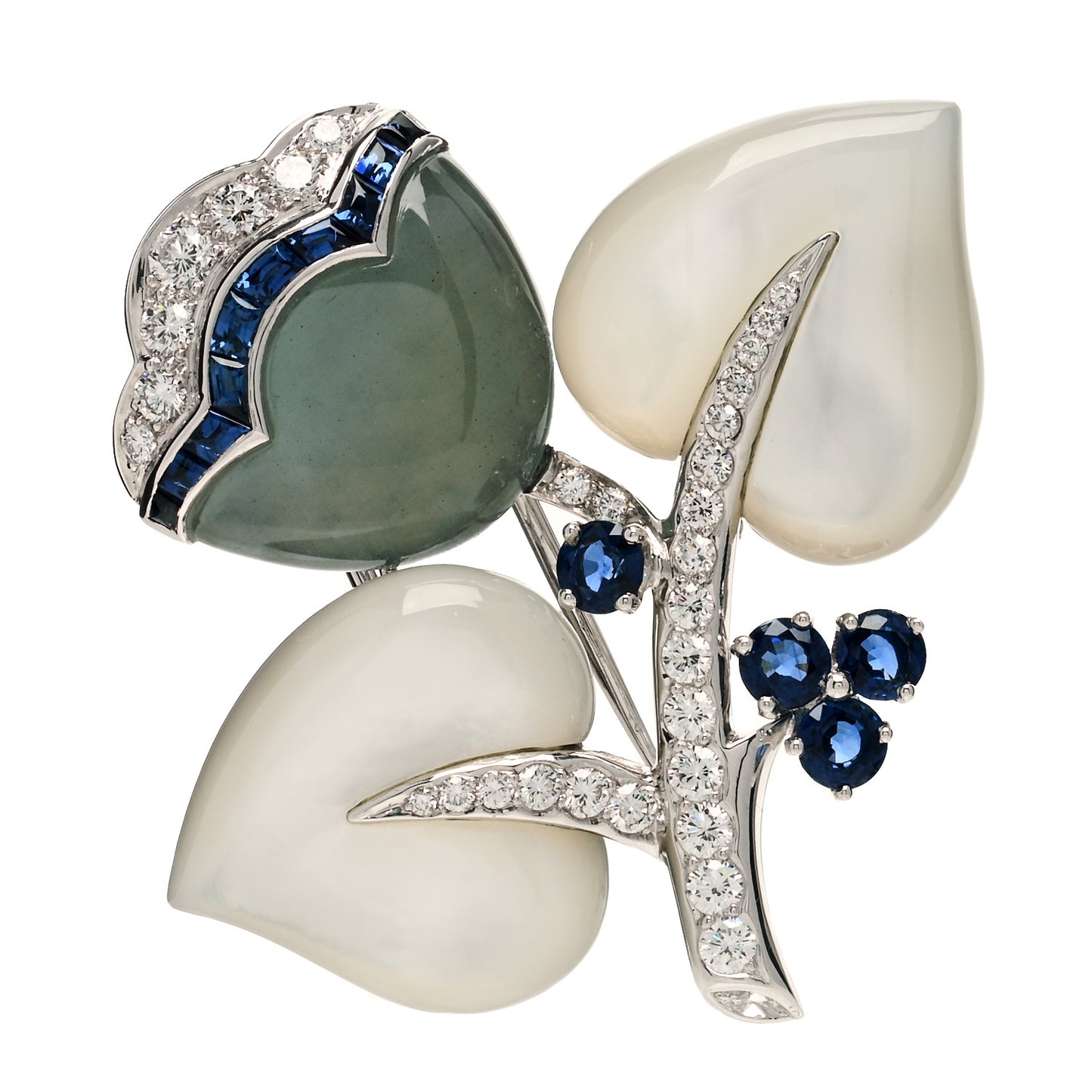 18K White Gold Diamond Mother of Pearl Aquamarine Sapphire Tulip Brooch Pin