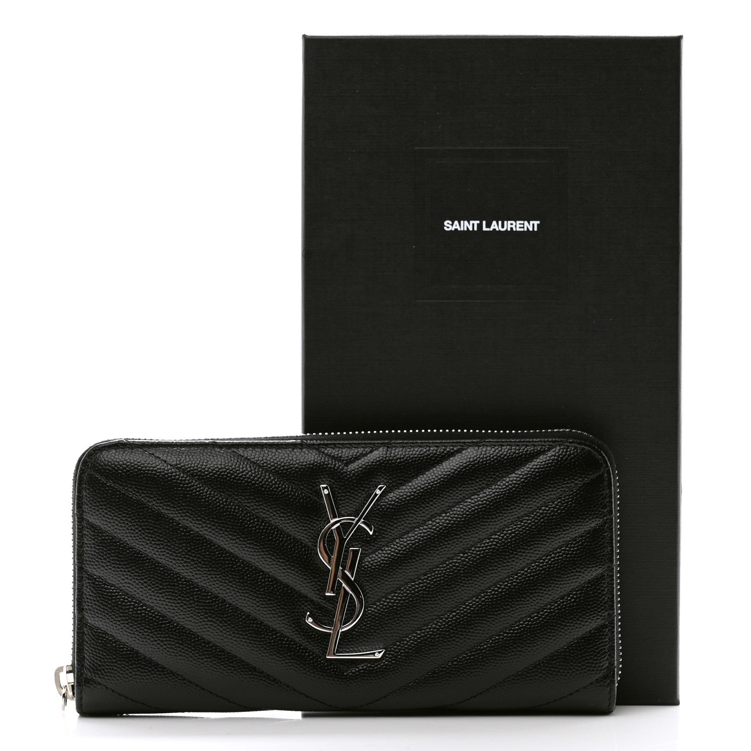 Saint Laurent Grain De Poudre Matelasse Chevron Monogram Zip Around Wallet Black 9 of 9