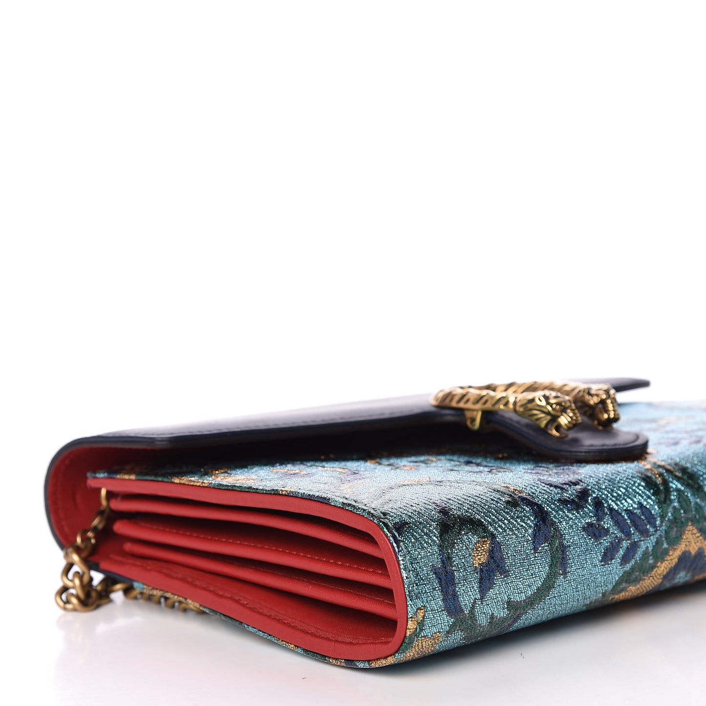 Metallic Brocade Calfskin Mini Dionysus Chain Wallet Black Blue Azure