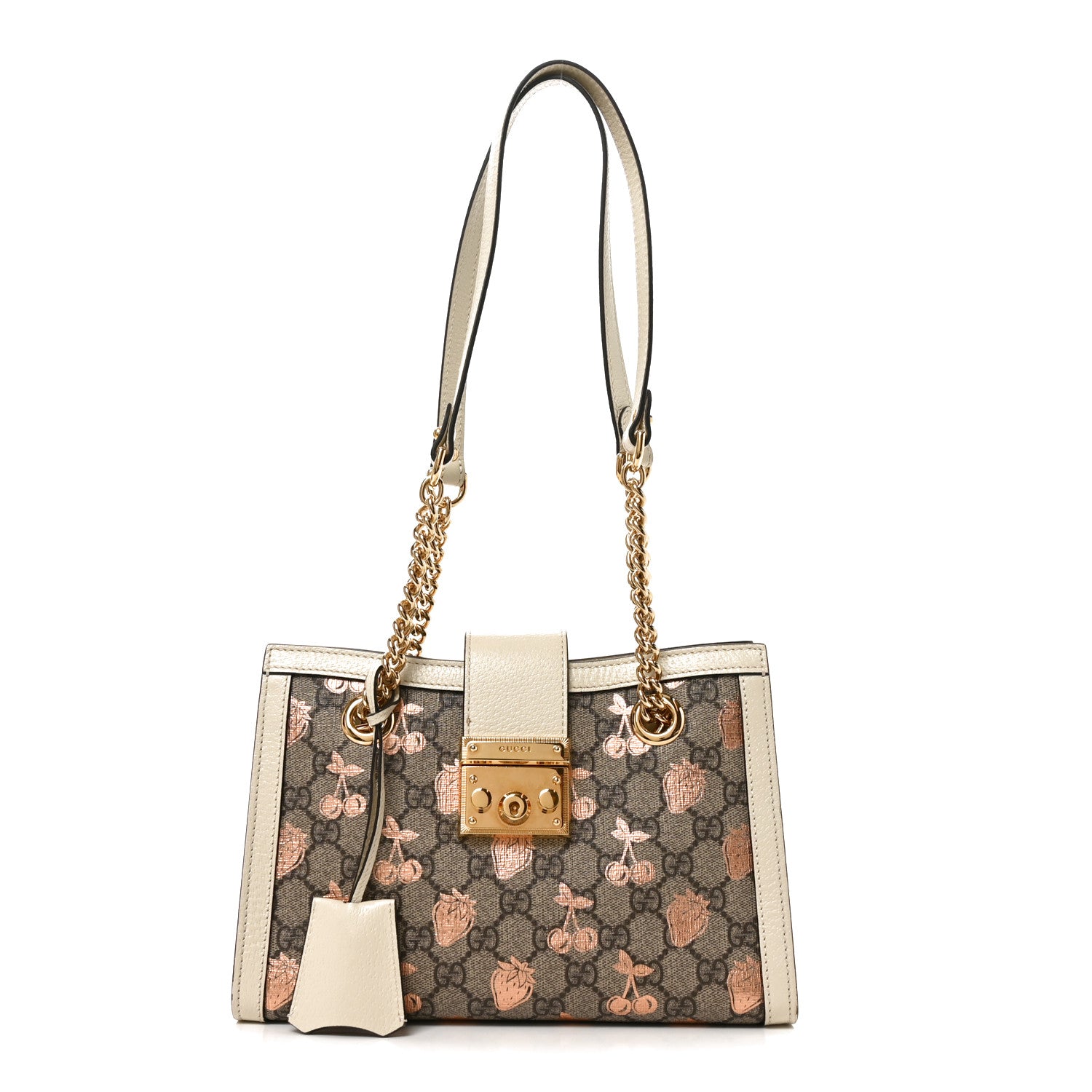 Gucci GG Supreme Monogram Berry Textured Dollar Calfskin Small Padlock Tote Beige Ebony Light Copper Mystic White 1 of 10