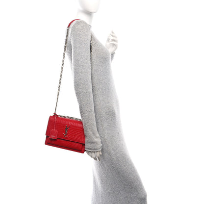 Saint Laurent Calfskin Crocodile Embossed Medium Monogram Sunset Rouge Eros 2 of 12