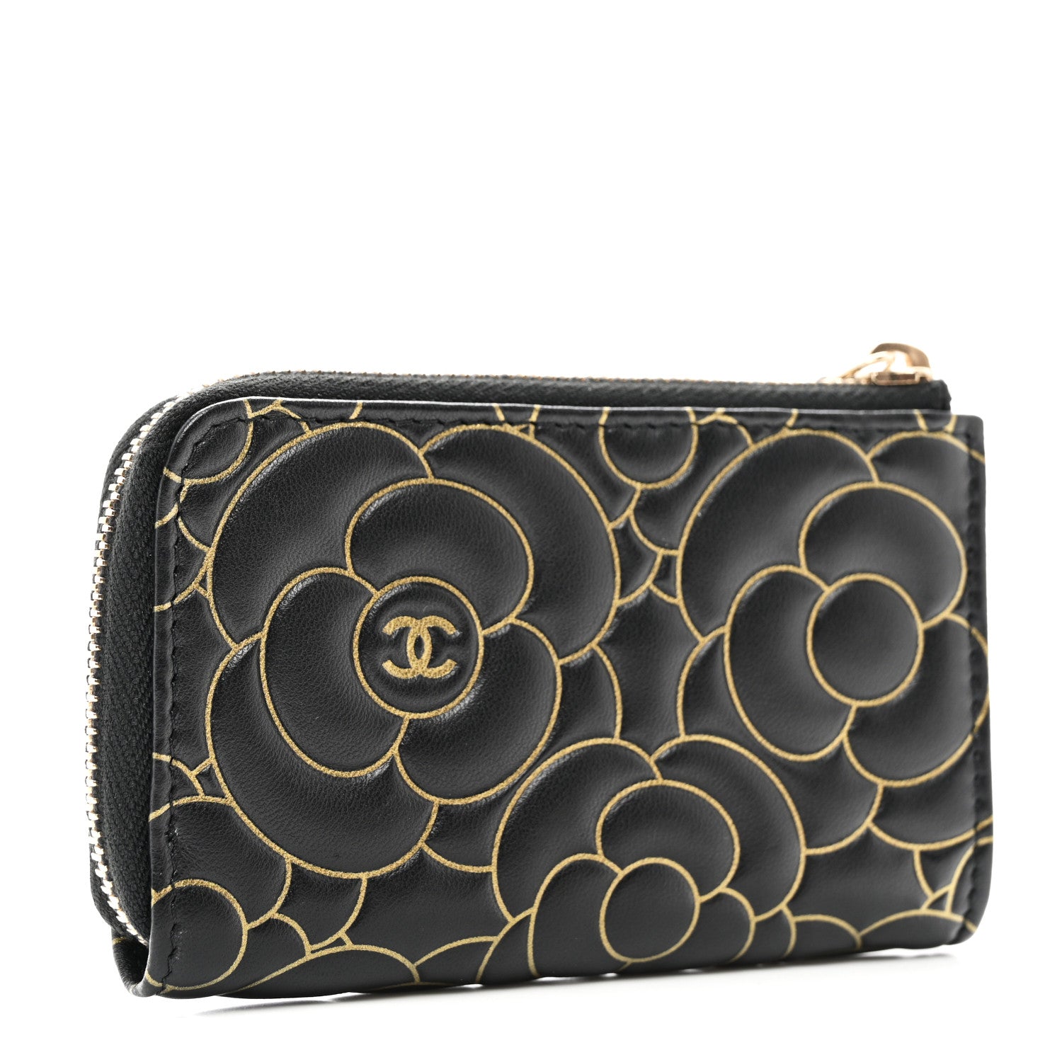 Chanel Lambskin Camellia Embossed Key Holder Case Black Gold 3 of 7