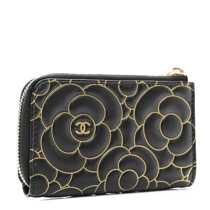 Chanel Lambskin Camellia Embossed Key Holder Case Black Gold 3 of 7
