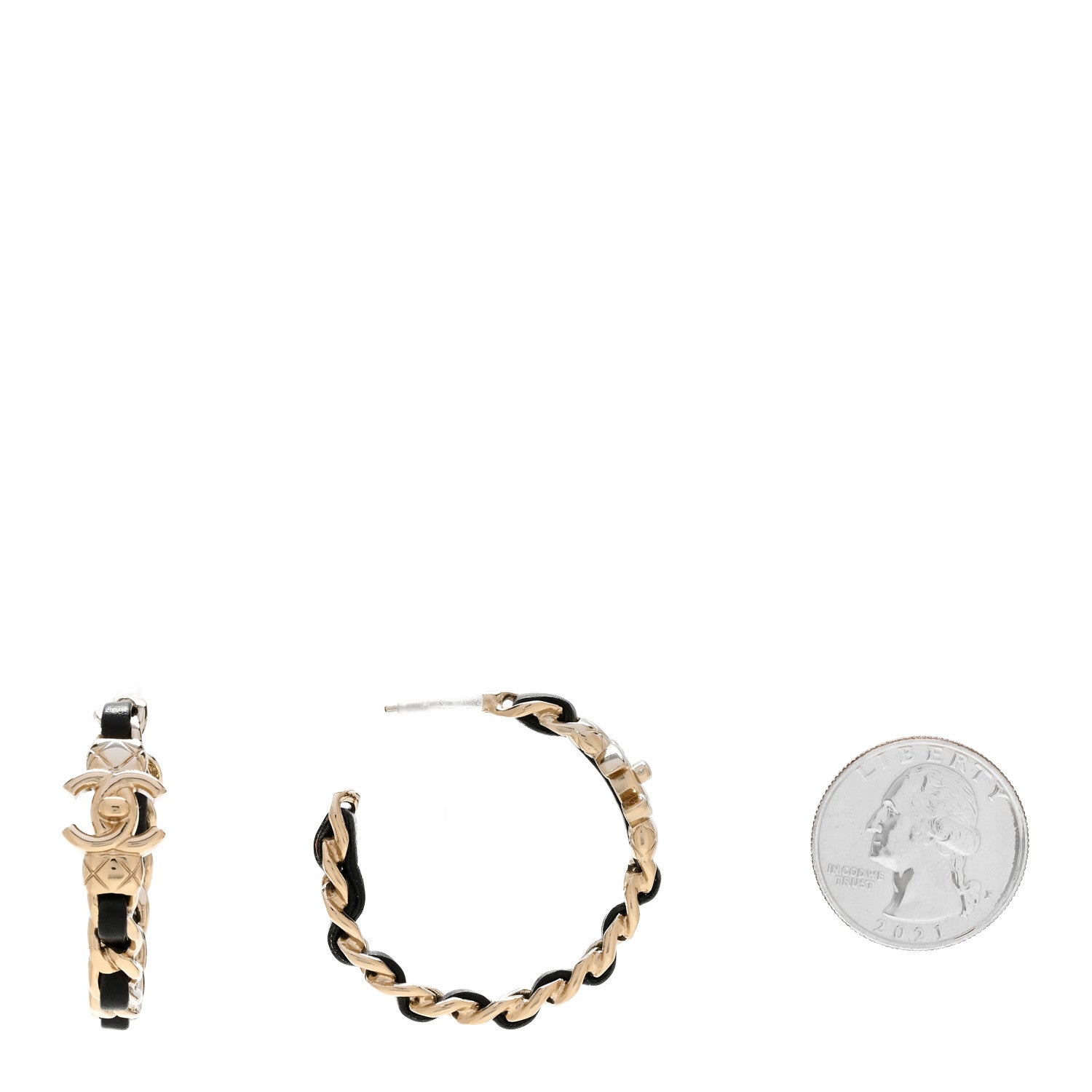 Chanel Metal Lambskin Quilted CC Turnlock Chain Hoop Earrings Gold Black 2 of 5