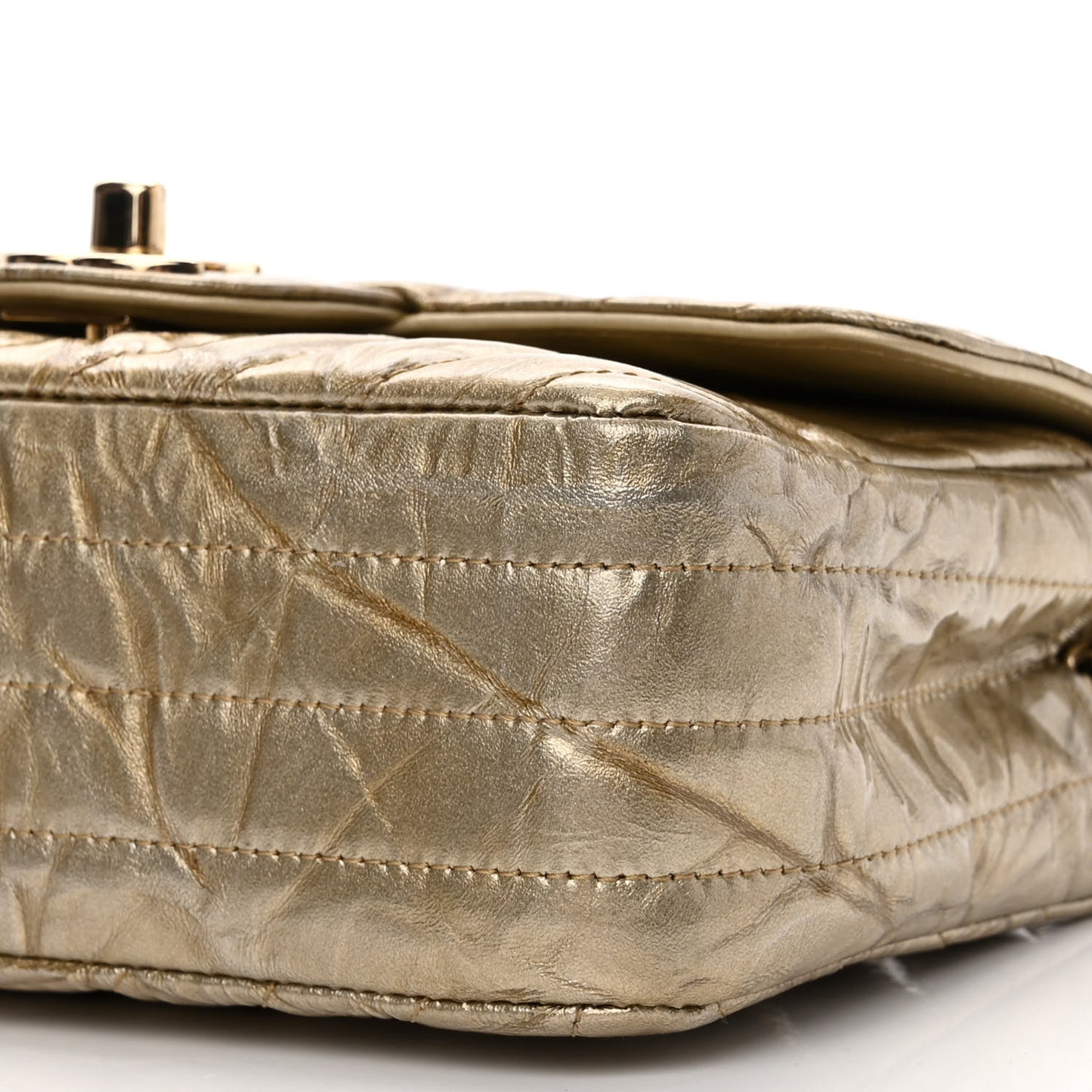 Patent Metallic Crumpled Calfskin Chevron Quilted Mini Rectangular Flap Gold