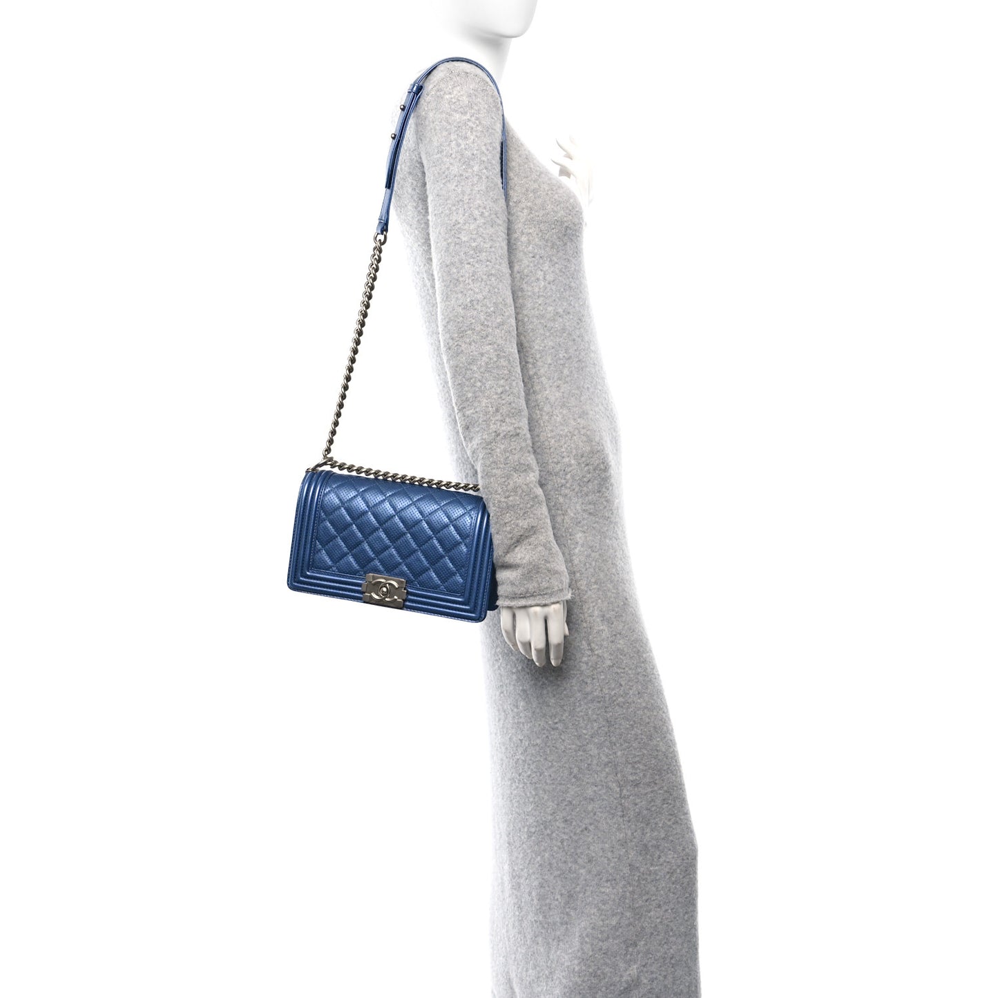 Metallic Lambskin Perforated Quilted Medium Boy Flap Blue