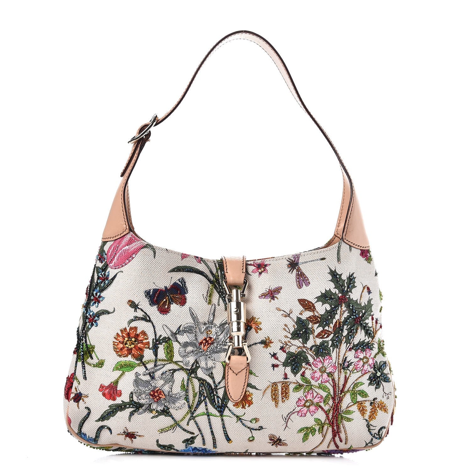 Gucci Canvas Beaded Floral Flora Small Jackie O Hobo White 1 of 7