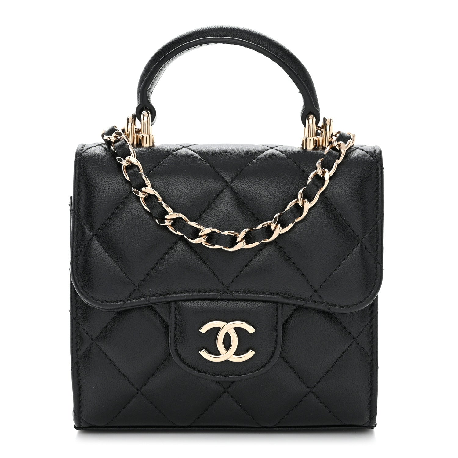 Chanel Lambskin Quilted Top Handle Flap Clutch With Chain Black 1 of 11