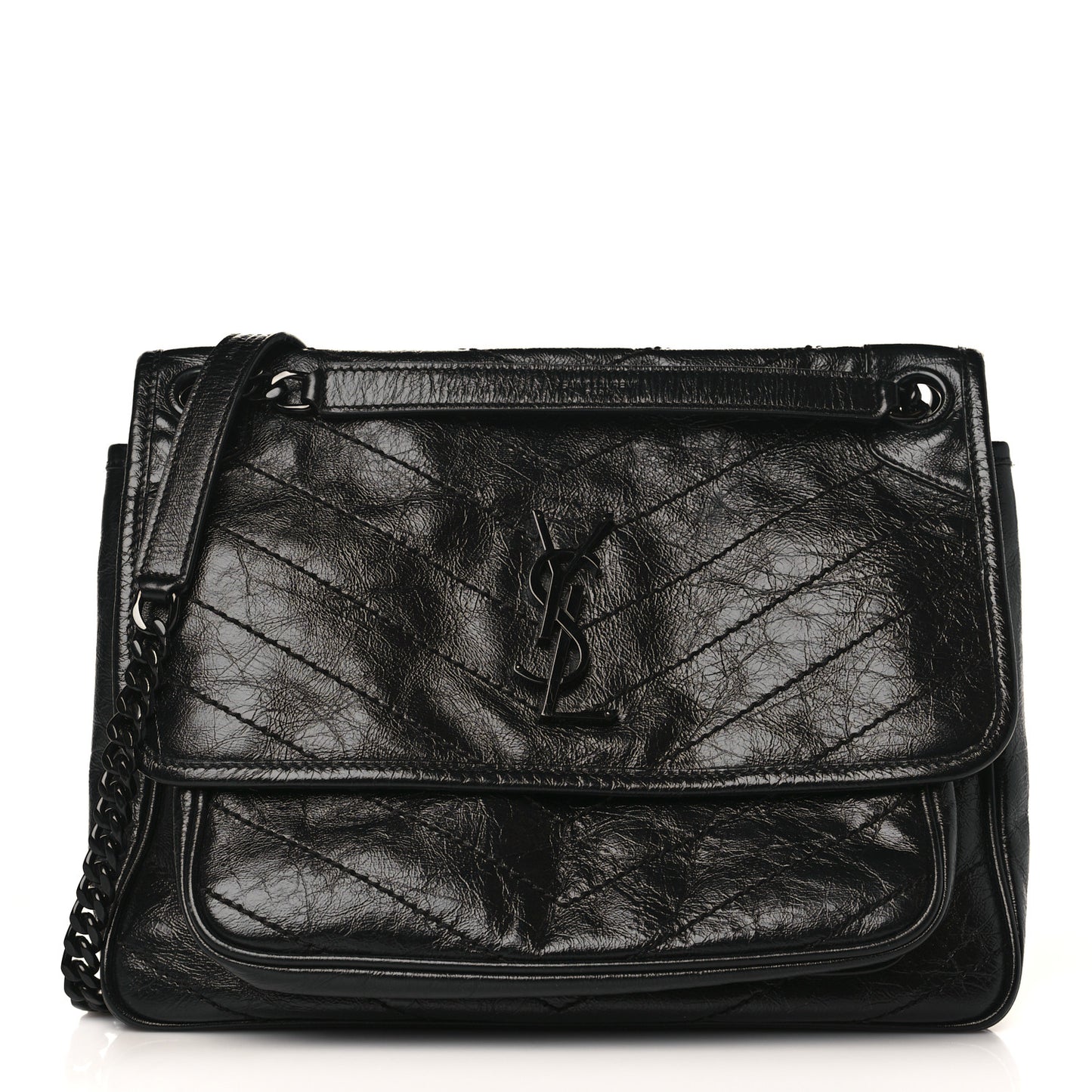 Crinkled Calfskin Matelasse Monogram Medium Niki Chain Satchel Black