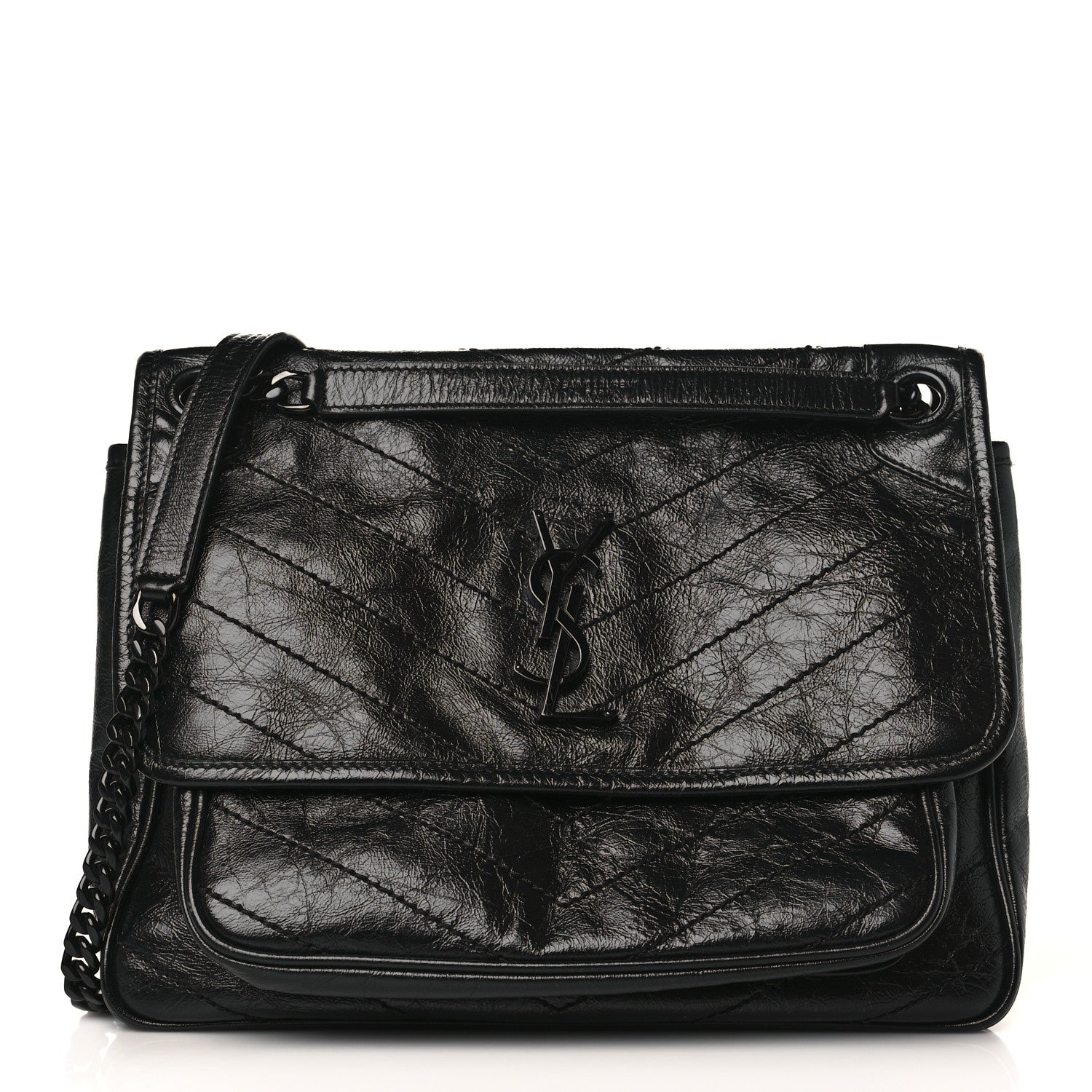 Saint Laurent Crinkled Calfskin Matelasse Monogram Medium Niki Chain Satchel Black 1 of 9