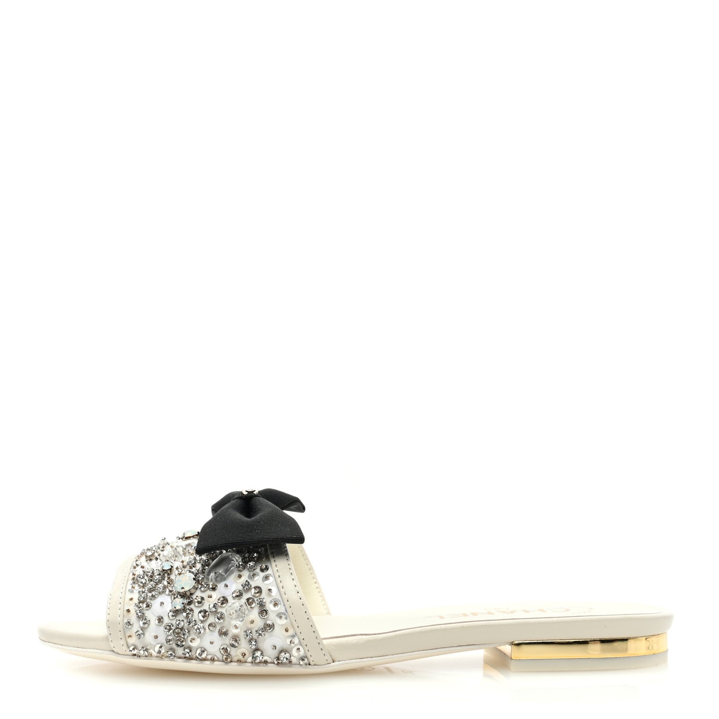Lambskin Crystal Embellished Grosgrain CC Bow Mules 37 Black