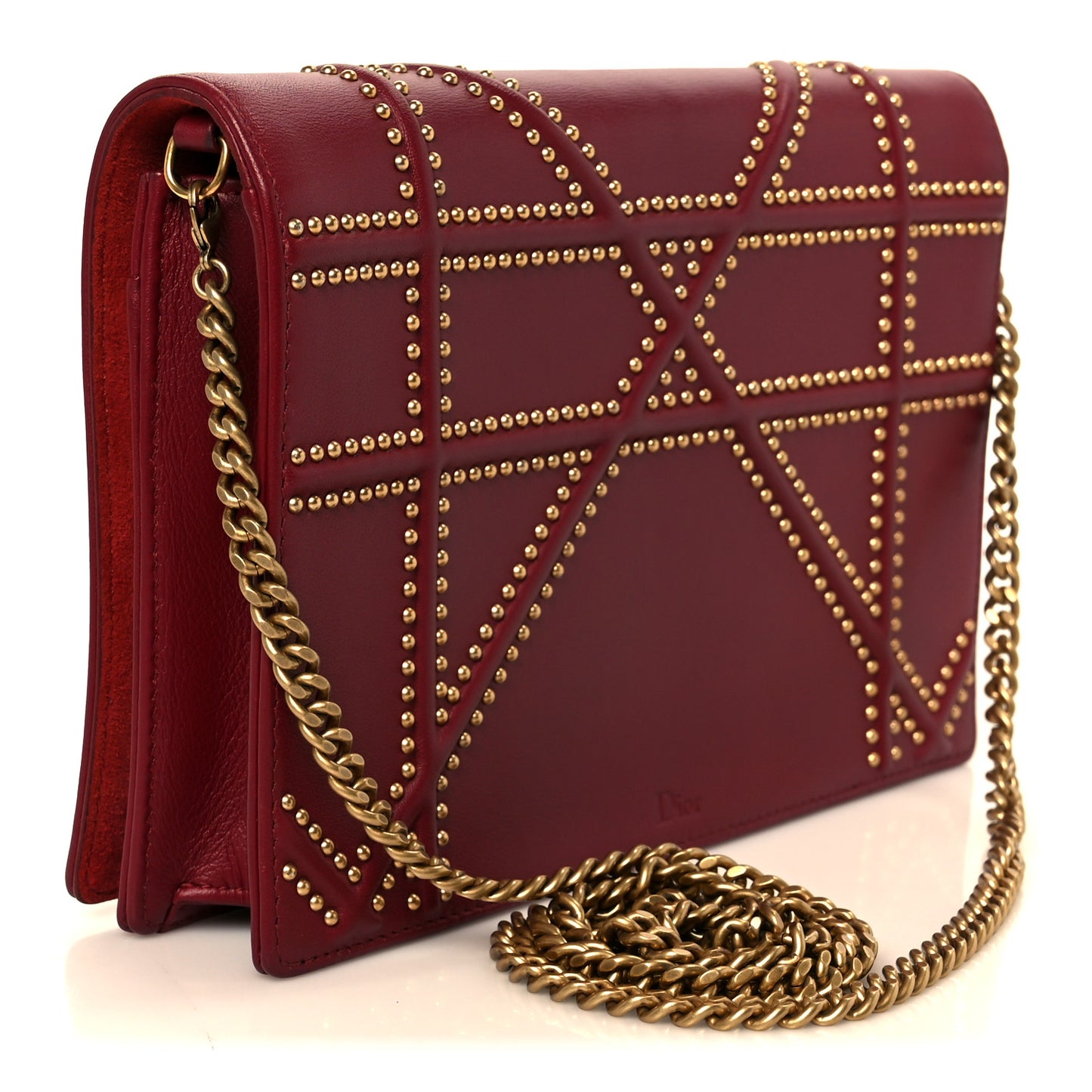 Calfskin Studded Diorama Wallet On Chain Burgundy