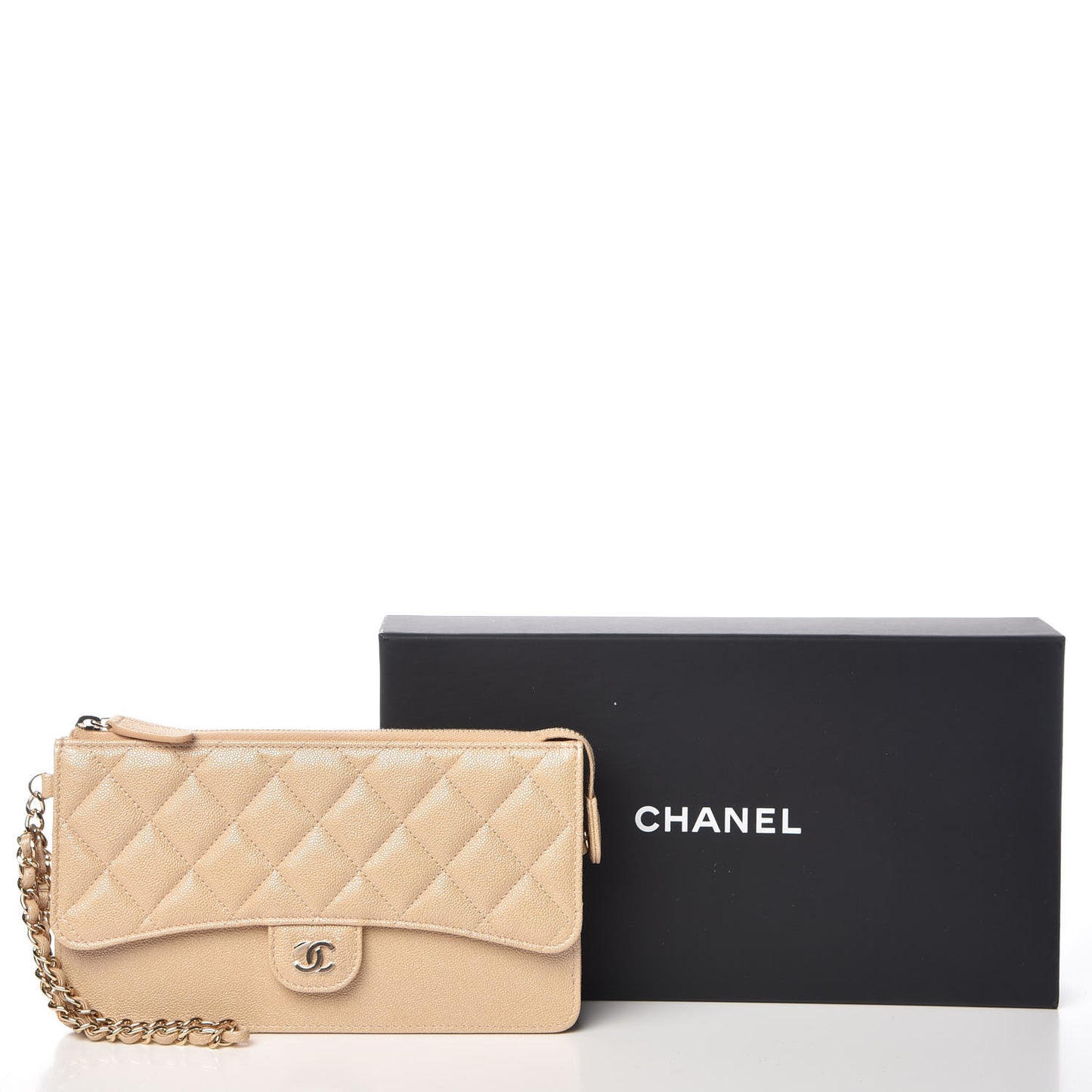 Iridescent Caviar Quilted Classic Pouch With Handle Beige