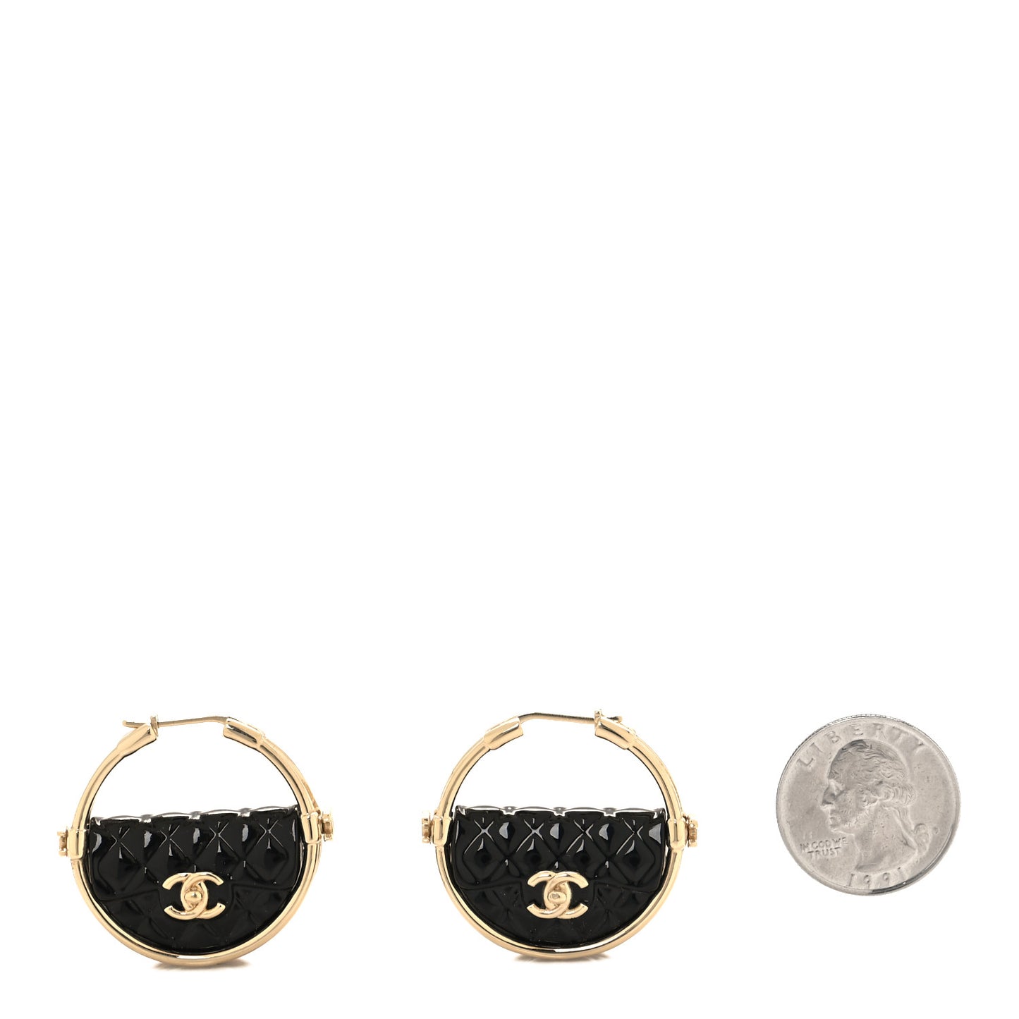 Metal Resin Quilted Flap Bag Hoop Earrings Black Gold